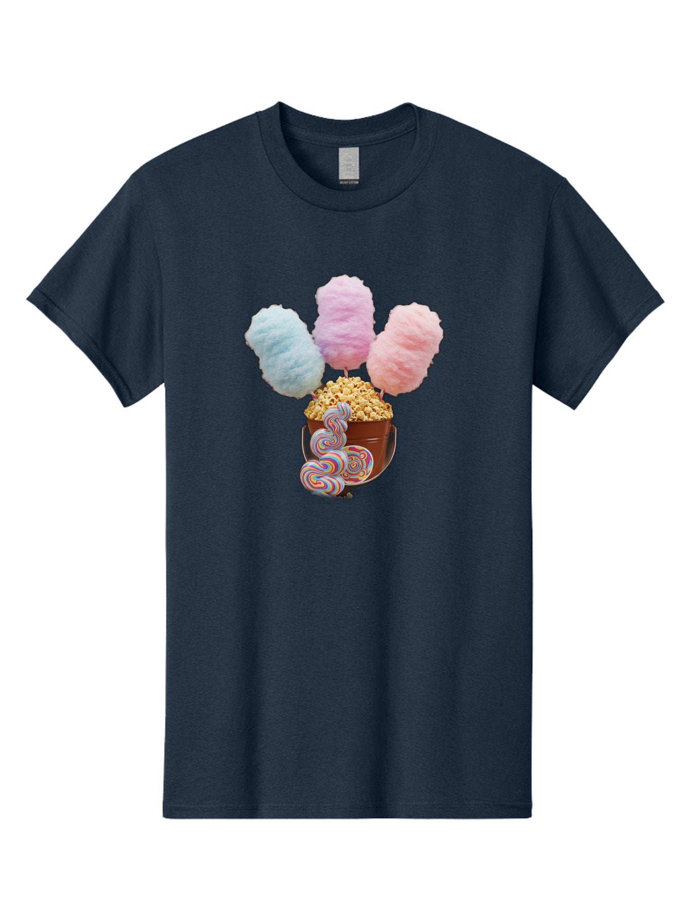 Cotton-Candy-And-Popcorn-1 Men'S Graphic Tee, 100% Cotton, Comfortable Casual Summer Wear, Machine Washable, Colorful Sweets, Sweet Treats, Cotton Candy, Popcorn, Rainbow Lollipops, Swirly Lollipops, Caramel Popcorn, Multi-Colored Candy, Bac918 6