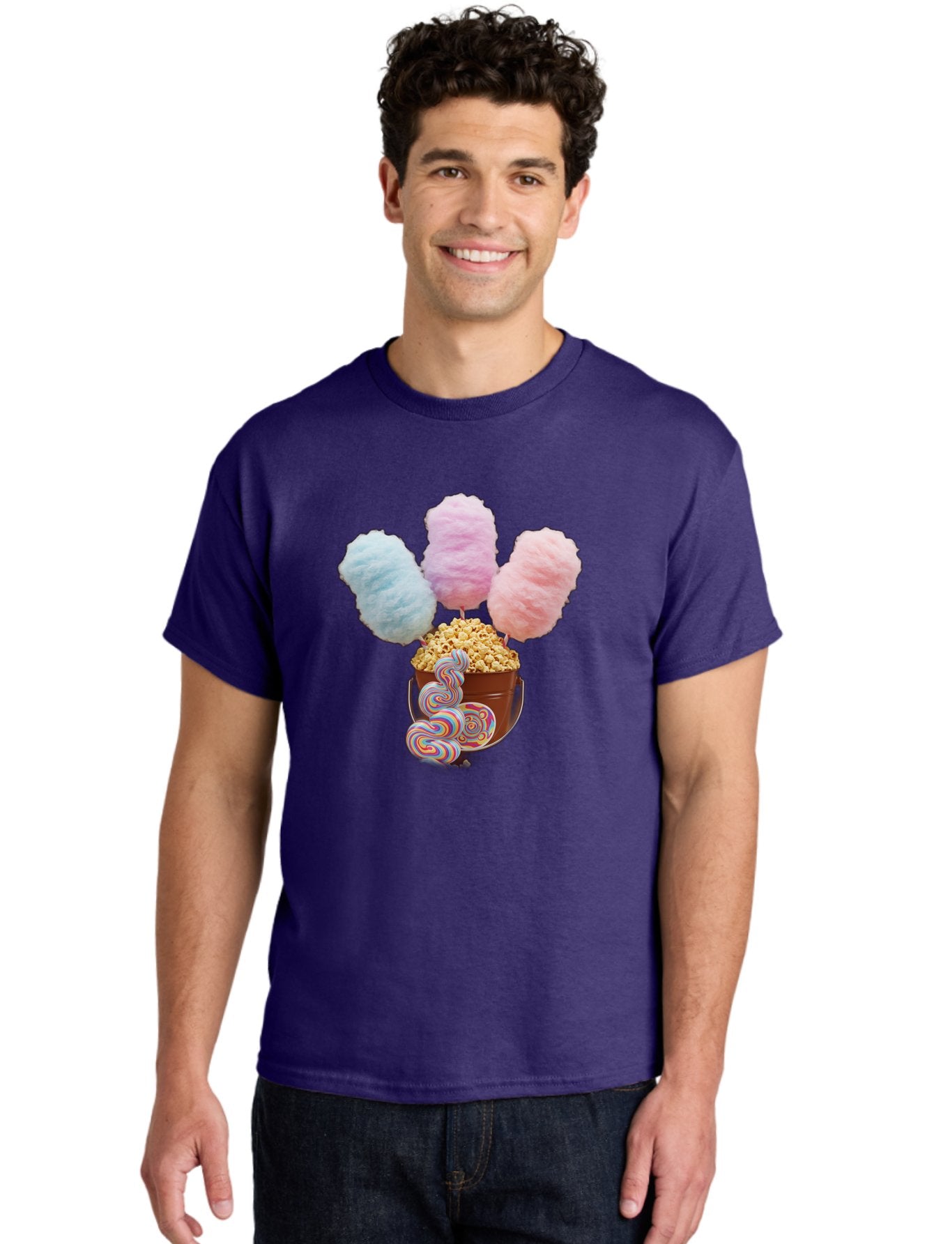 Cotton-Candy-And-Popcorn-1 Men'S Graphic Tee, 100% Cotton, Comfortable Casual Summer Wear, Machine Washable, Colorful Sweets, Sweet Treats, Cotton Candy, Popcorn, Rainbow Lollipops, Swirly Lollipops, Caramel Popcorn, Multi-Colored Candy, Bac918 26
