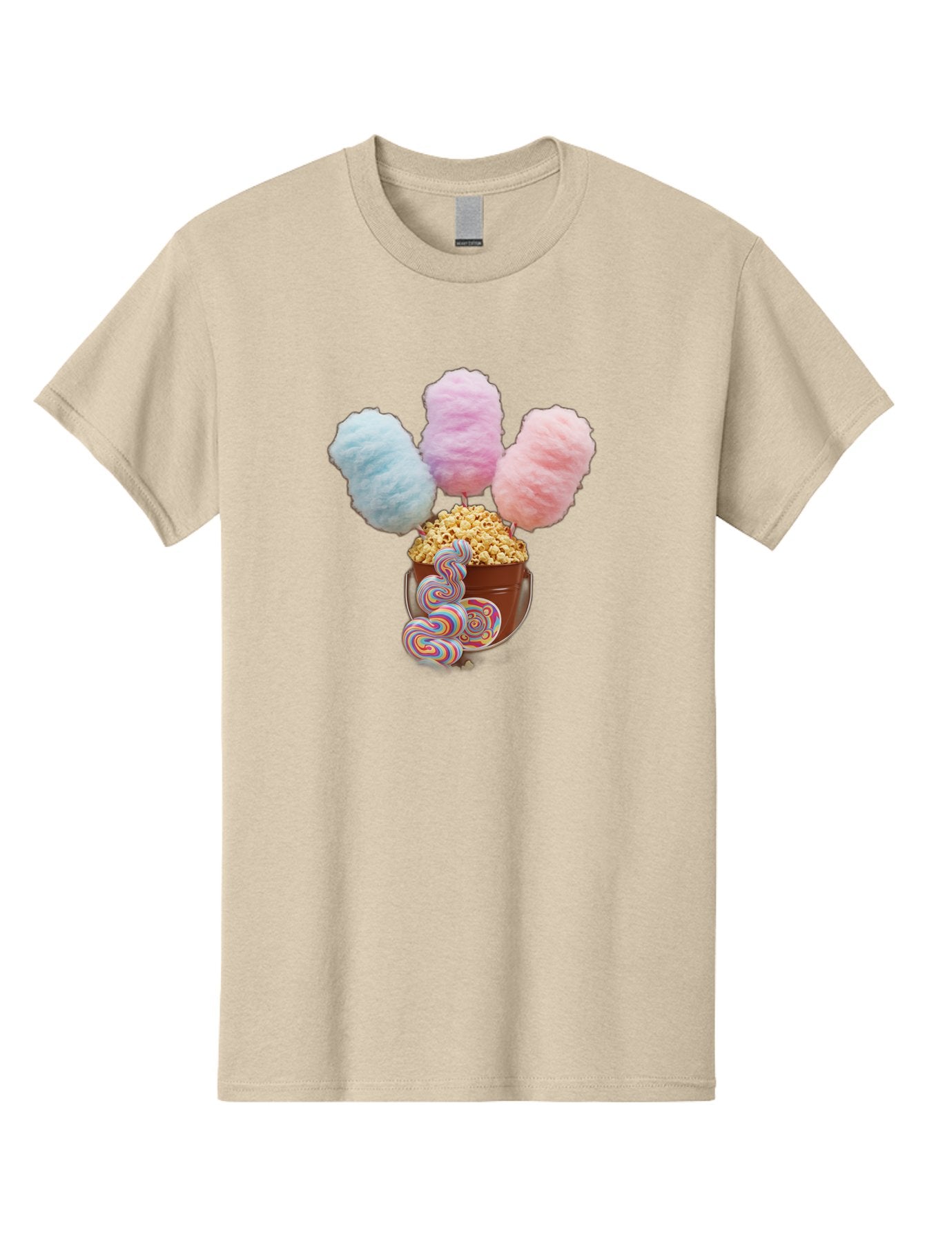 Cotton-Candy-And-Popcorn-1 Men'S Graphic Tee, 100% Cotton, Comfortable Casual Summer Wear, Machine Washable, Colorful Sweets, Sweet Treats, Cotton Candy, Popcorn, Rainbow Lollipops, Swirly Lollipops, Caramel Popcorn, Multi-Colored Candy, Bac918