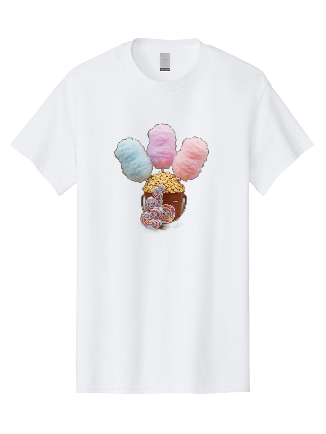 Cotton-Candy-And-Popcorn-1 Men'S Graphic Tee, 100% Cotton, Comfortable Casual Summer Wear, Machine Washable, Colorful Sweets, Sweet Treats, Cotton Candy, Popcorn, Rainbow Lollipops, Swirly Lollipops, Caramel Popcorn, Multi-Colored Candy, Bac918 4