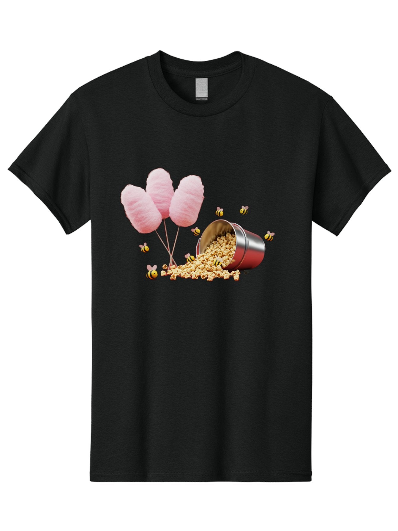 Cotton-Candy-And-Popcorn Men'S Graphic Tee, 100% Cotton, Comfortable Casual Summer Wear, Machine Washable, Cotton Candy, Popcorn, Bees, Sweet Treats, Party Snacks, Carnival Food, Delicious Desserts, Yellow And Black Bees, Fluffy Cotton Candy Bac919 8