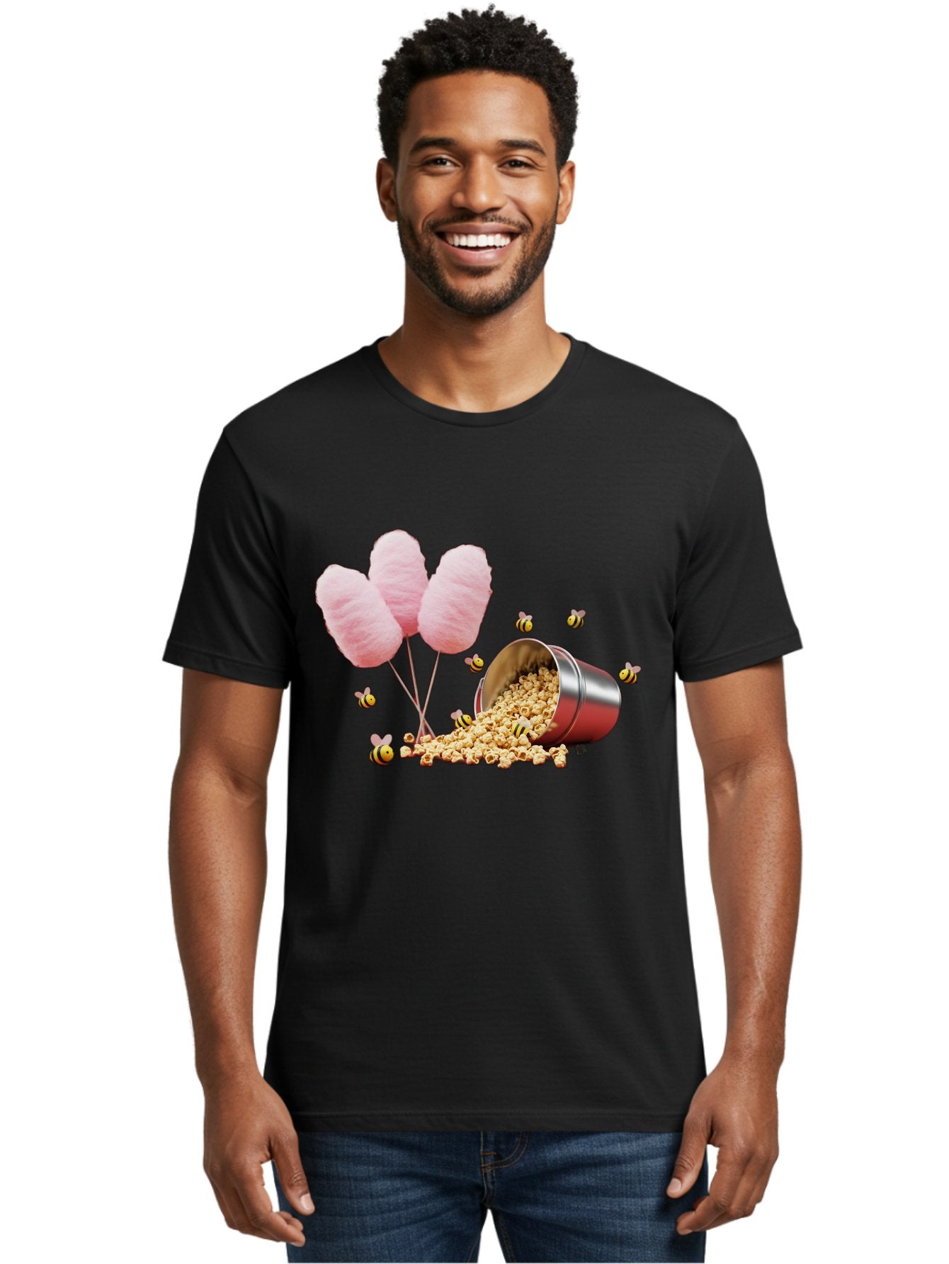 Cotton-Candy-And-Popcorn Men'S Graphic Tee, 100% Cotton, Comfortable Casual Summer Wear, Machine Washable, Cotton Candy, Popcorn, Bees, Sweet Treats, Party Snacks, Carnival Food, Delicious Desserts, Yellow And Black Bees, Fluffy Cotton Candy Bac919 25