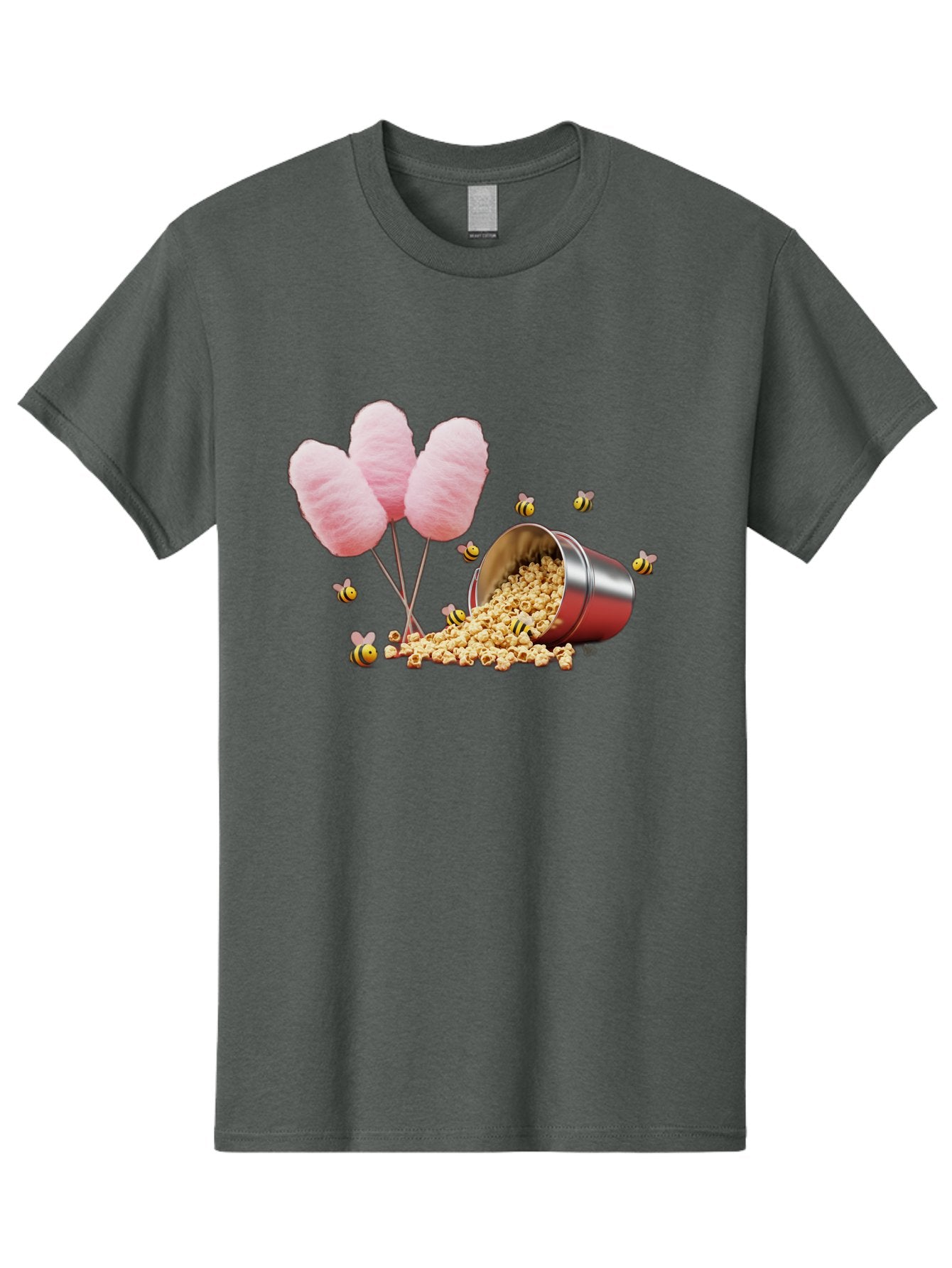 Cotton-Candy-And-Popcorn Men'S Graphic Tee, 100% Cotton, Comfortable Casual Summer Wear, Machine Washable, Cotton Candy, Popcorn, Bees, Sweet Treats, Party Snacks, Carnival Food, Delicious Desserts, Yellow And Black Bees, Fluffy Cotton Candy Bac919