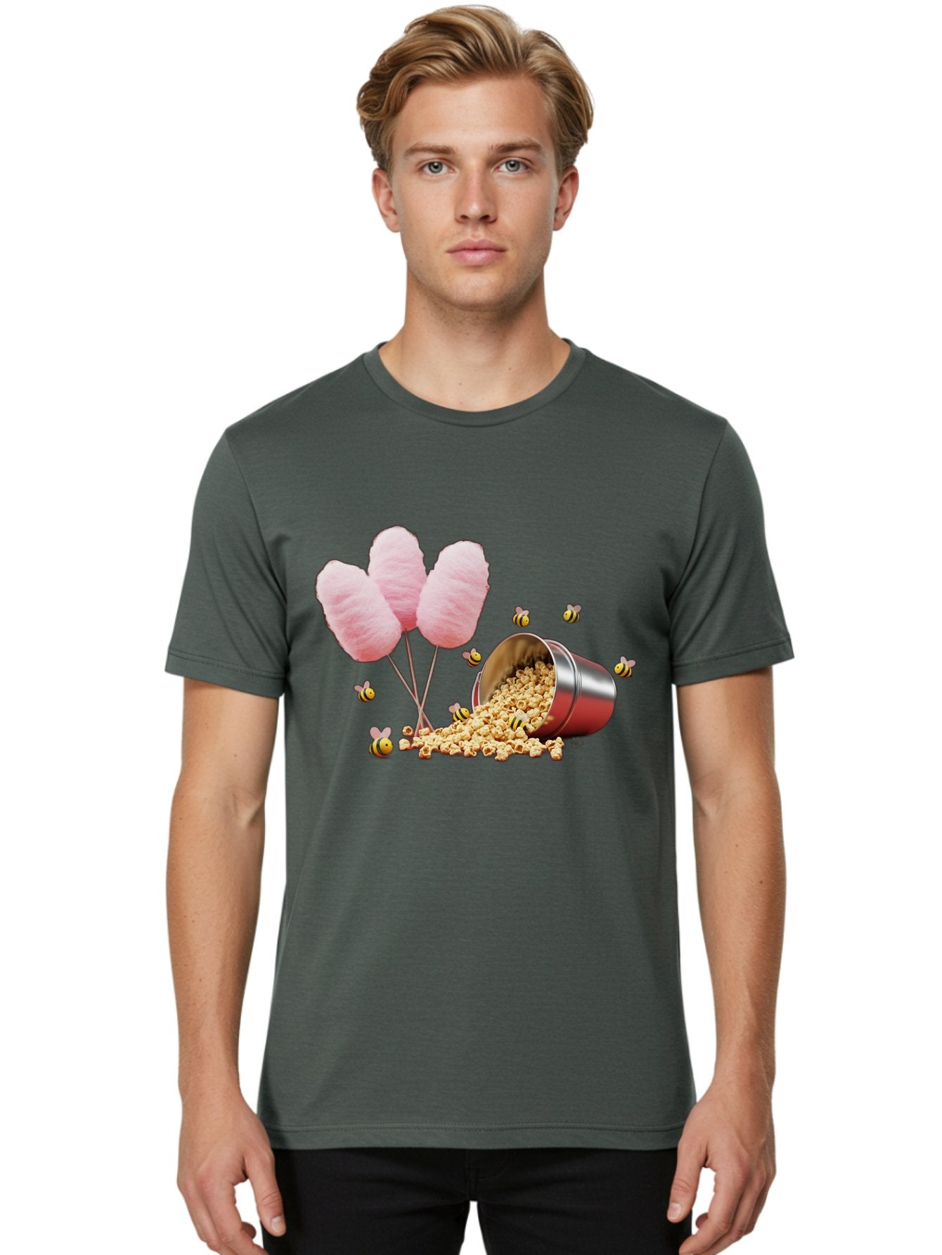 Cotton-Candy-And-Popcorn Men'S Graphic Tee, 100% Cotton, Comfortable Casual Summer Wear, Machine Washable, Cotton Candy, Popcorn, Bees, Sweet Treats, Party Snacks, Carnival Food, Delicious Desserts, Yellow And Black Bees, Fluffy Cotton Candy Bac919 19