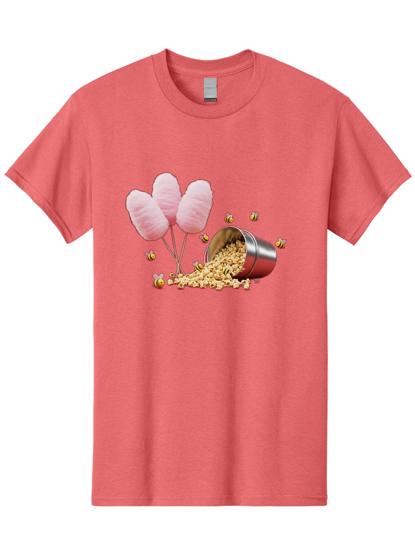 Cotton-Candy-And-Popcorn Men'S Graphic Tee, 100% Cotton, Comfortable Casual Summer Wear, Machine Washable, Cotton Candy, Popcorn, Bees, Sweet Treats, Party Snacks, Carnival Food, Delicious Desserts, Yellow And Black Bees, Fluffy Cotton Candy Bac919 3