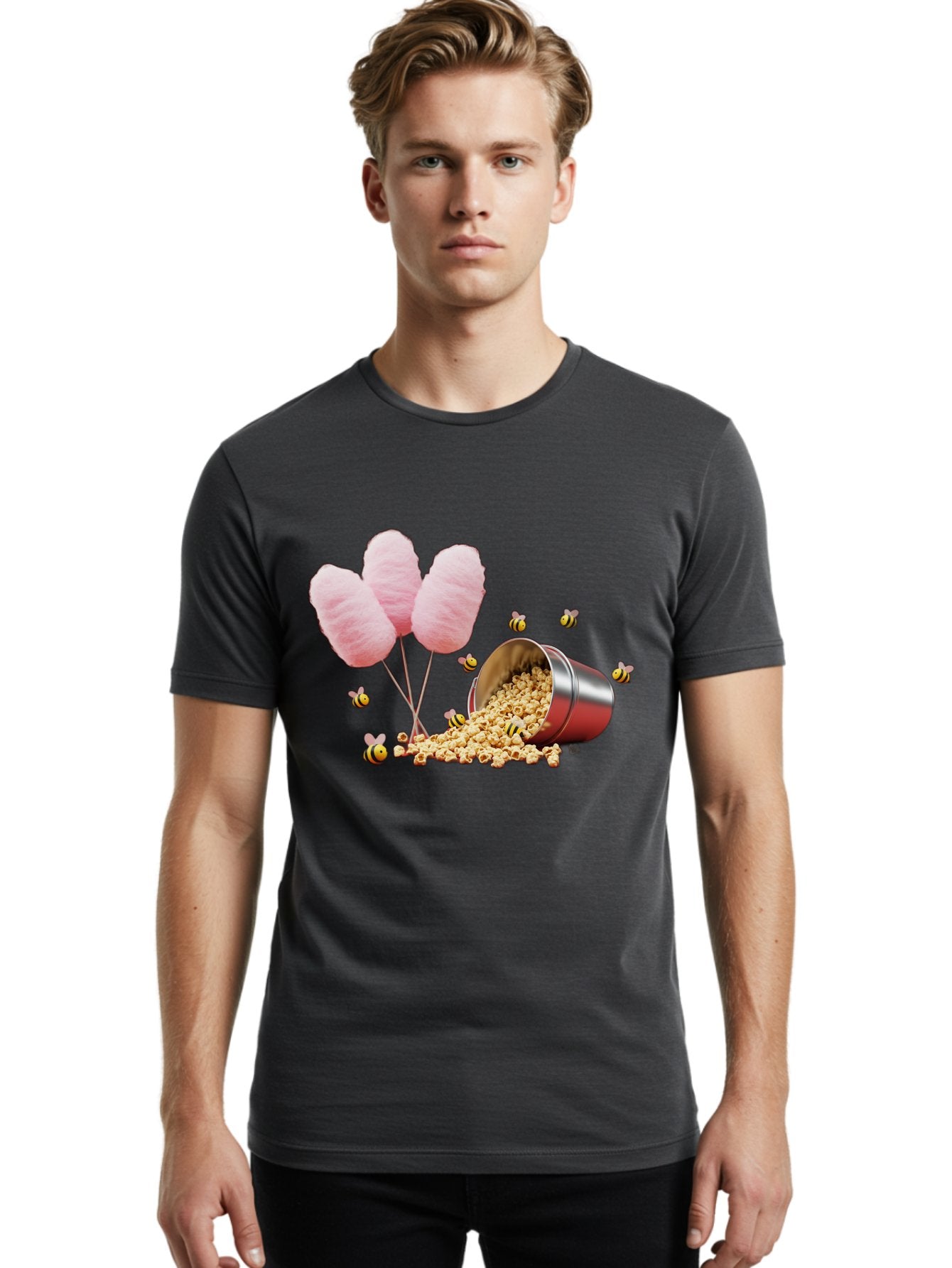 Cotton-Candy-And-Popcorn Men'S Graphic Tee, 100% Cotton, Comfortable Casual Summer Wear, Machine Washable, Cotton Candy, Popcorn, Bees, Sweet Treats, Party Snacks, Carnival Food, Delicious Desserts, Yellow And Black Bees, Fluffy Cotton Candy Bac919 28