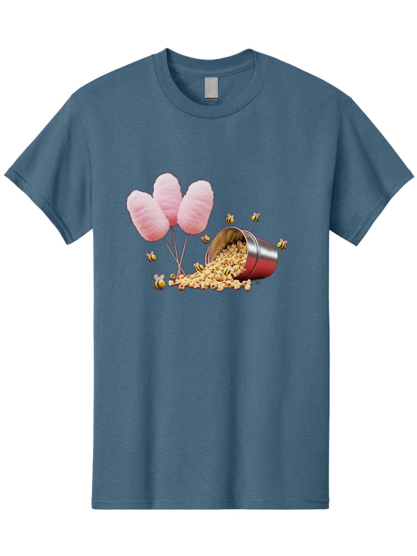 Cotton-Candy-And-Popcorn Men'S Graphic Tee, 100% Cotton, Comfortable Casual Summer Wear, Machine Washable, Cotton Candy, Popcorn, Bees, Sweet Treats, Party Snacks, Carnival Food, Delicious Desserts, Yellow And Black Bees, Fluffy Cotton Candy Bac919 10