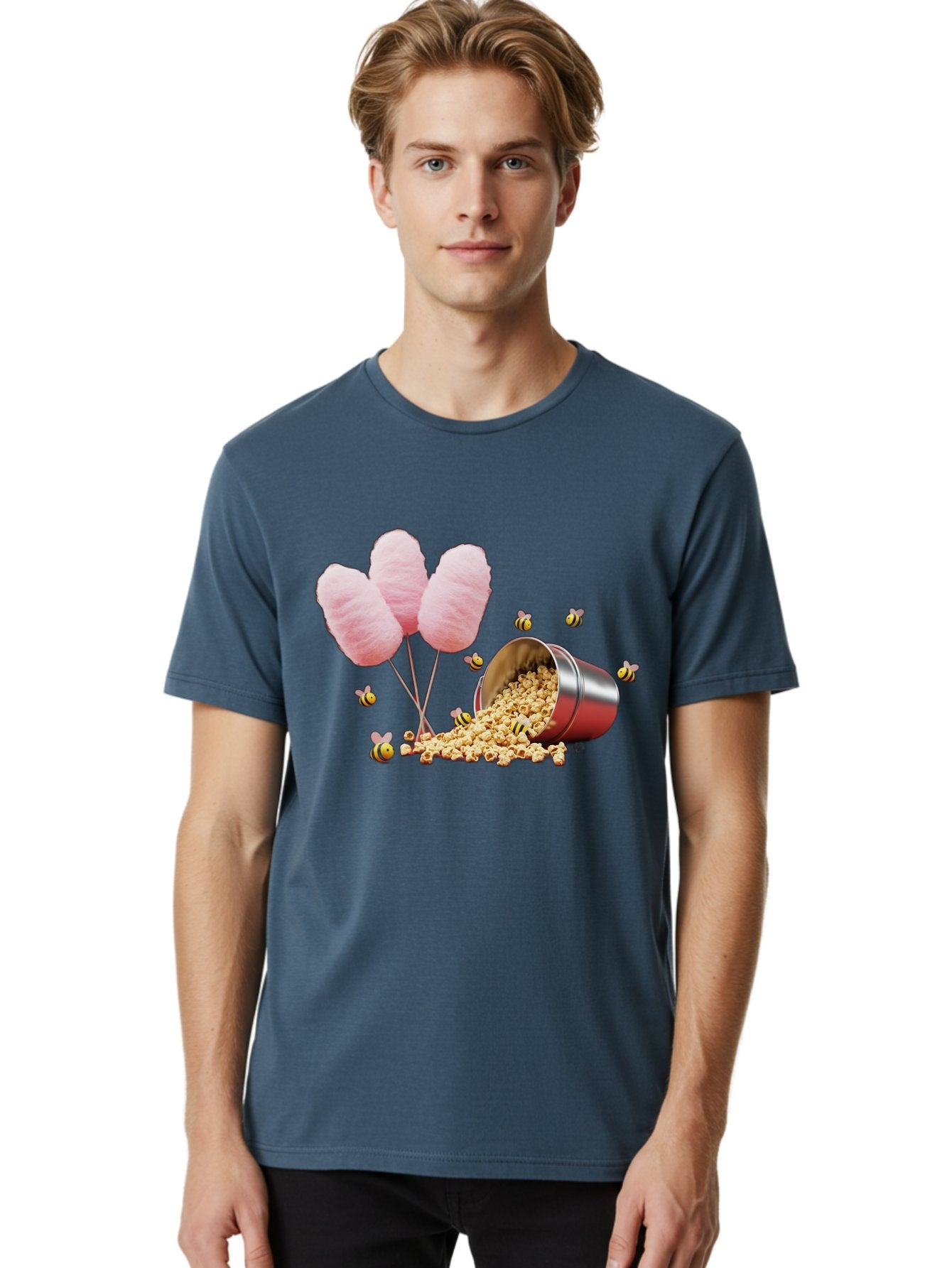 Cotton-Candy-And-Popcorn Men'S Graphic Tee, 100% Cotton, Comfortable Casual Summer Wear, Machine Washable, Cotton Candy, Popcorn, Bees, Sweet Treats, Party Snacks, Carnival Food, Delicious Desserts, Yellow And Black Bees, Fluffy Cotton Candy Bac919 17