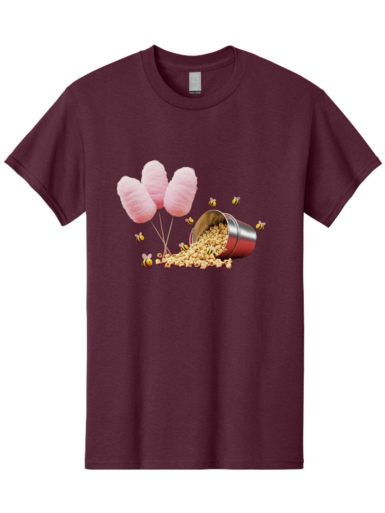 Cotton-Candy-And-Popcorn Men'S Graphic Tee, 100% Cotton, Comfortable Casual Summer Wear, Machine Washable, Cotton Candy, Popcorn, Bees, Sweet Treats, Party Snacks, Carnival Food, Delicious Desserts, Yellow And Black Bees, Fluffy Cotton Candy Bac919 9