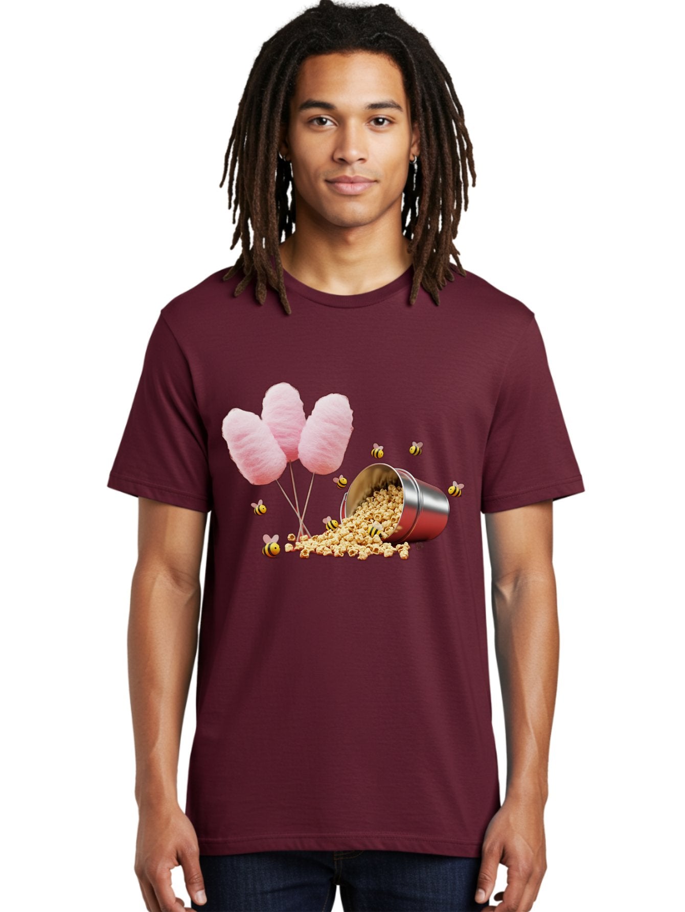 Cotton-Candy-And-Popcorn Men'S Graphic Tee, 100% Cotton, Comfortable Casual Summer Wear, Machine Washable, Cotton Candy, Popcorn, Bees, Sweet Treats, Party Snacks, Carnival Food, Delicious Desserts, Yellow And Black Bees, Fluffy Cotton Candy Bac919 26
