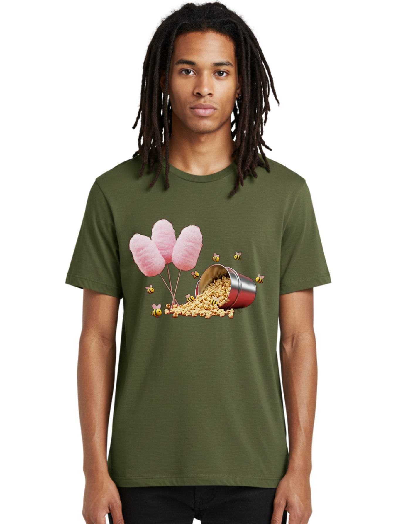 Cotton-Candy-And-Popcorn Men'S Graphic Tee, 100% Cotton, Comfortable Casual Summer Wear, Machine Washable, Cotton Candy, Popcorn, Bees, Sweet Treats, Party Snacks, Carnival Food, Delicious Desserts, Yellow And Black Bees, Fluffy Cotton Candy Bac919 24
