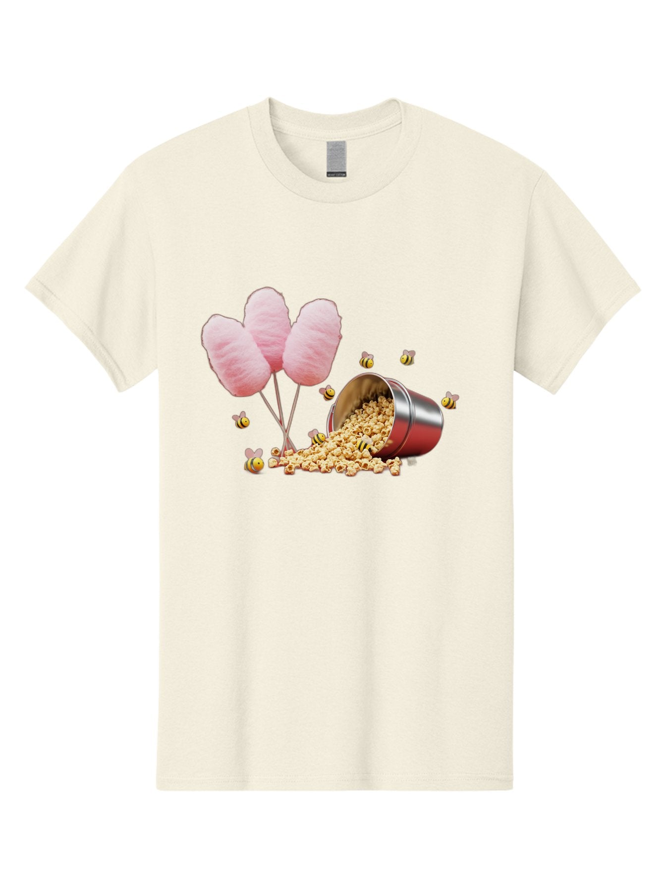 Cotton-Candy-And-Popcorn Men'S Graphic Tee, 100% Cotton, Comfortable Casual Summer Wear, Machine Washable, Cotton Candy, Popcorn, Bees, Sweet Treats, Party Snacks, Carnival Food, Delicious Desserts, Yellow And Black Bees, Fluffy Cotton Candy Bac919 15