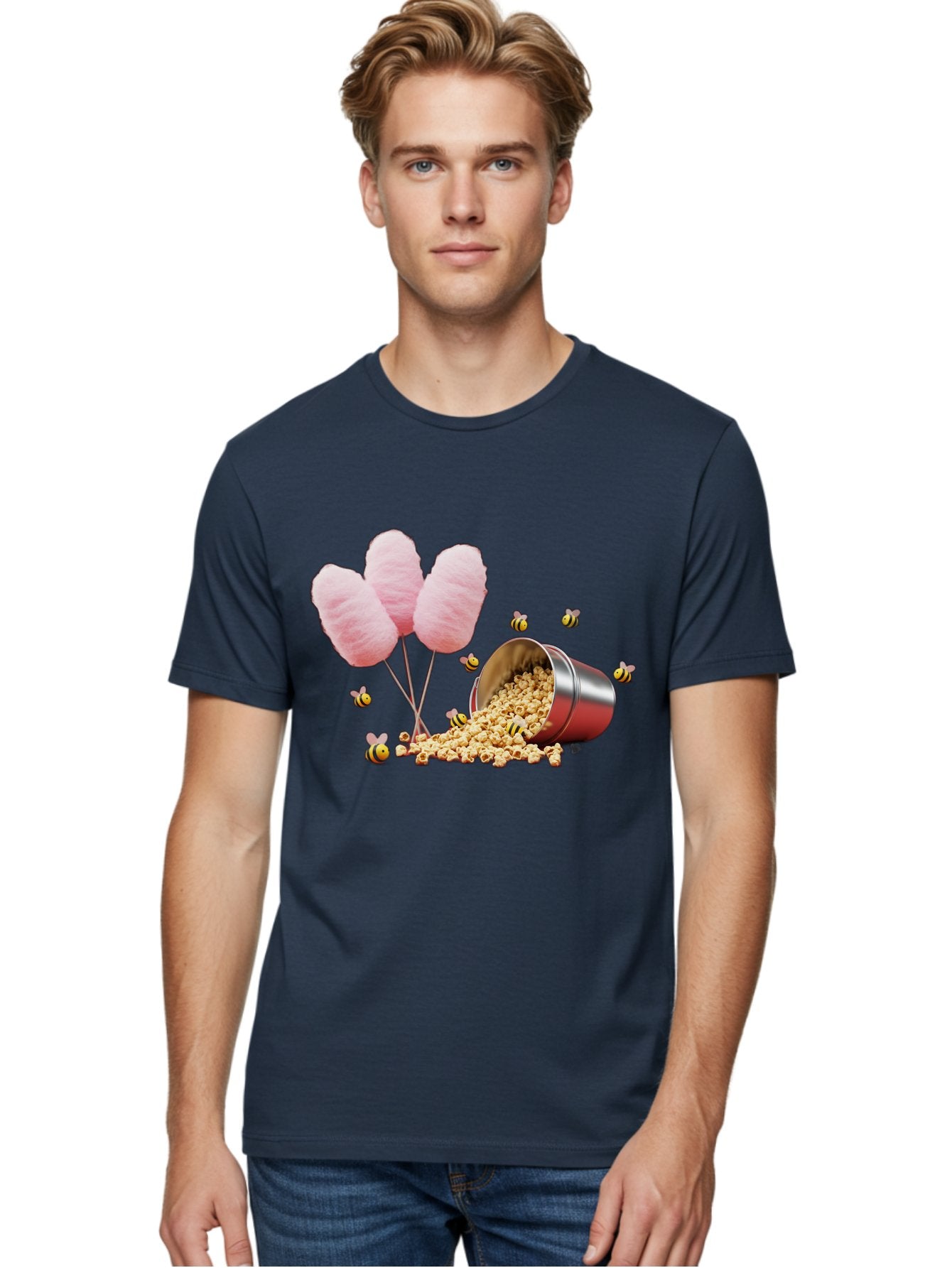 Cotton-Candy-And-Popcorn Men'S Graphic Tee, 100% Cotton, Comfortable Casual Summer Wear, Machine Washable, Cotton Candy, Popcorn, Bees, Sweet Treats, Party Snacks, Carnival Food, Delicious Desserts, Yellow And Black Bees, Fluffy Cotton Candy Bac919 29
