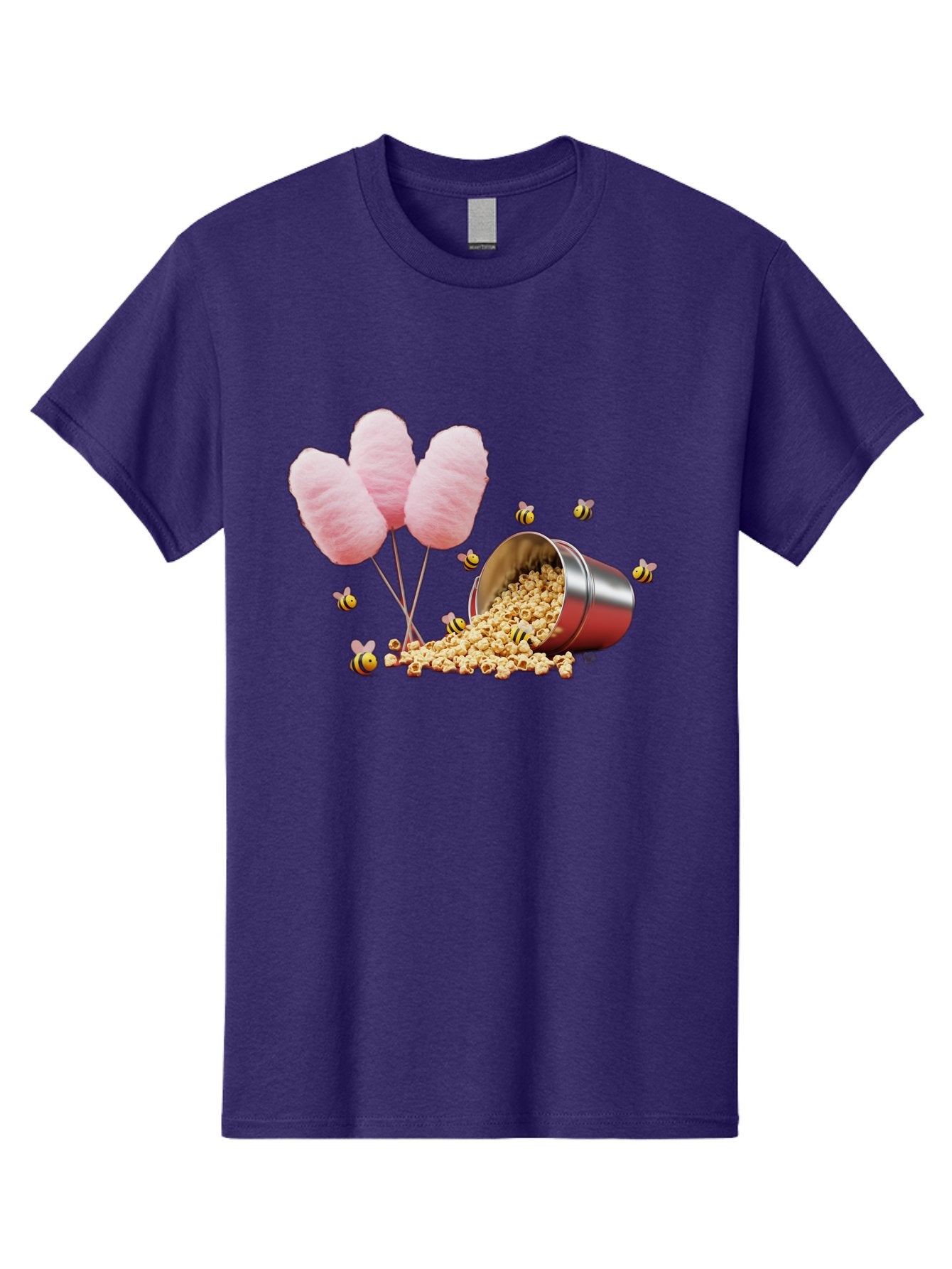 Cotton-Candy-And-Popcorn Men'S Graphic Tee, 100% Cotton, Comfortable Casual Summer Wear, Machine Washable, Cotton Candy, Popcorn, Bees, Sweet Treats, Party Snacks, Carnival Food, Delicious Desserts, Yellow And Black Bees, Fluffy Cotton Candy Bac919 11