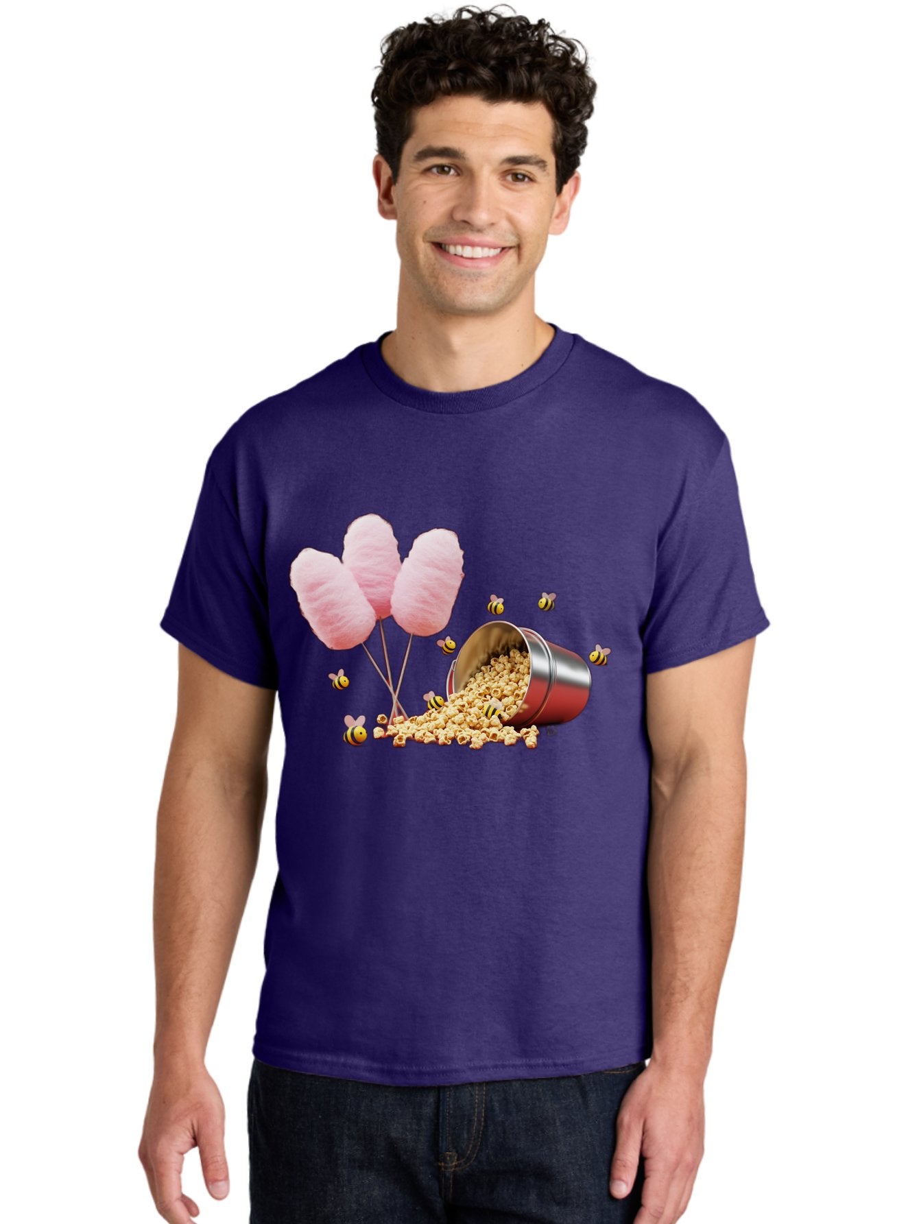 Cotton-Candy-And-Popcorn Men'S Graphic Tee, 100% Cotton, Comfortable Casual Summer Wear, Machine Washable, Cotton Candy, Popcorn, Bees, Sweet Treats, Party Snacks, Carnival Food, Delicious Desserts, Yellow And Black Bees, Fluffy Cotton Candy Bac919 27