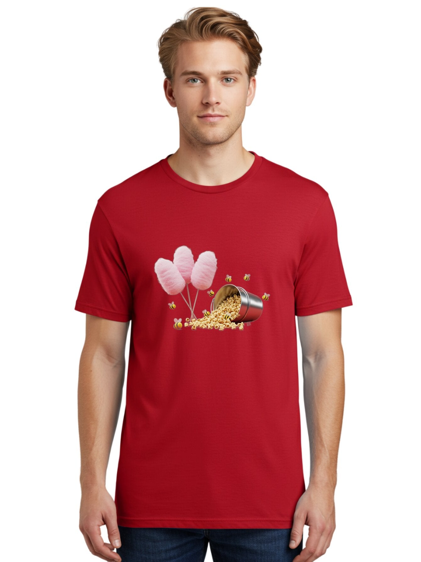 Cotton-Candy-And-Popcorn Men'S Graphic Tee, 100% Cotton, Comfortable Casual Summer Wear, Machine Washable, Cotton Candy, Popcorn, Bees, Sweet Treats, Party Snacks, Carnival Food, Delicious Desserts, Yellow And Black Bees, Fluffy Cotton Candy Bac919 18
