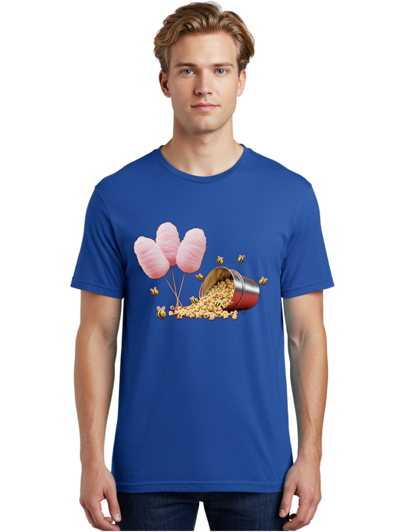 Cotton-Candy-And-Popcorn Men'S Graphic Tee, 100% Cotton, Comfortable Casual Summer Wear, Machine Washable, Cotton Candy, Popcorn, Bees, Sweet Treats, Party Snacks, Carnival Food, Delicious Desserts, Yellow And Black Bees, Fluffy Cotton Candy Bac919 23