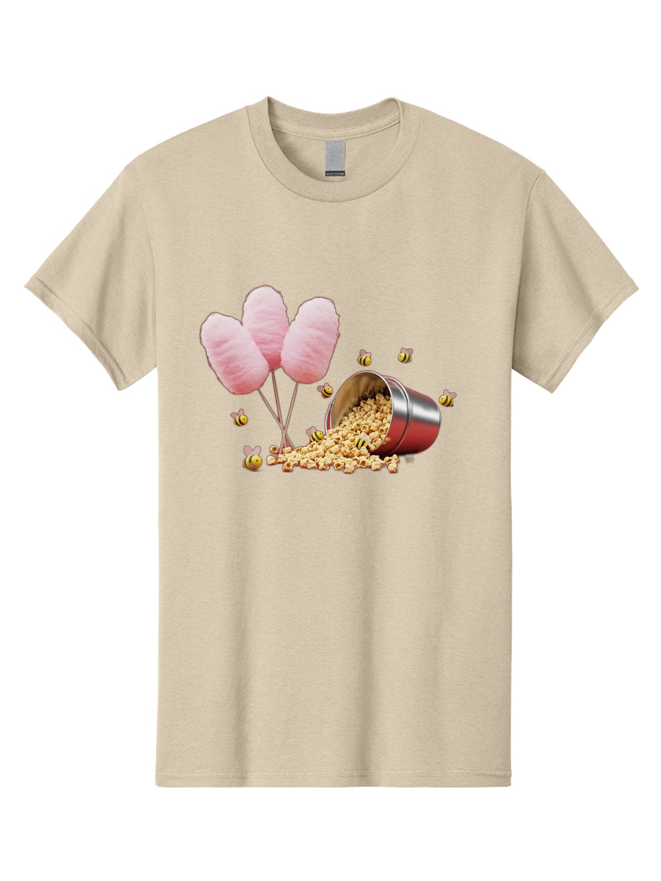 Cotton-Candy-And-Popcorn Men'S Graphic Tee, 100% Cotton, Comfortable Casual Summer Wear, Machine Washable, Cotton Candy, Popcorn, Bees, Sweet Treats, Party Snacks, Carnival Food, Delicious Desserts, Yellow And Black Bees, Fluffy Cotton Candy Bac919 7