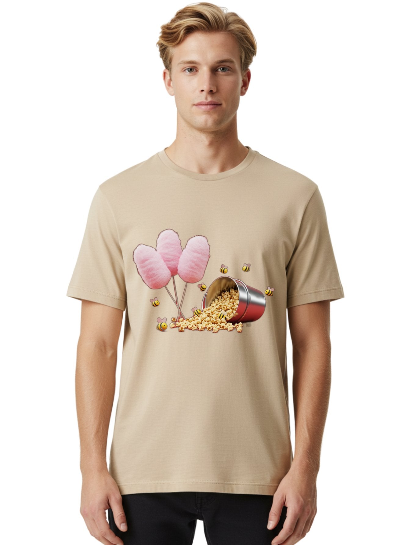 Cotton-Candy-And-Popcorn Men'S Graphic Tee, 100% Cotton, Comfortable Casual Summer Wear, Machine Washable, Cotton Candy, Popcorn, Bees, Sweet Treats, Party Snacks, Carnival Food, Delicious Desserts, Yellow And Black Bees, Fluffy Cotton Candy Bac919 16