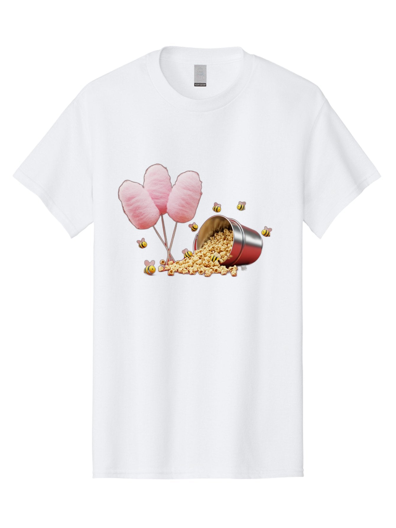 Cotton-Candy-And-Popcorn Men'S Graphic Tee, 100% Cotton, Comfortable Casual Summer Wear, Machine Washable, Cotton Candy, Popcorn, Bees, Sweet Treats, Party Snacks, Carnival Food, Delicious Desserts, Yellow And Black Bees, Fluffy Cotton Candy Bac919