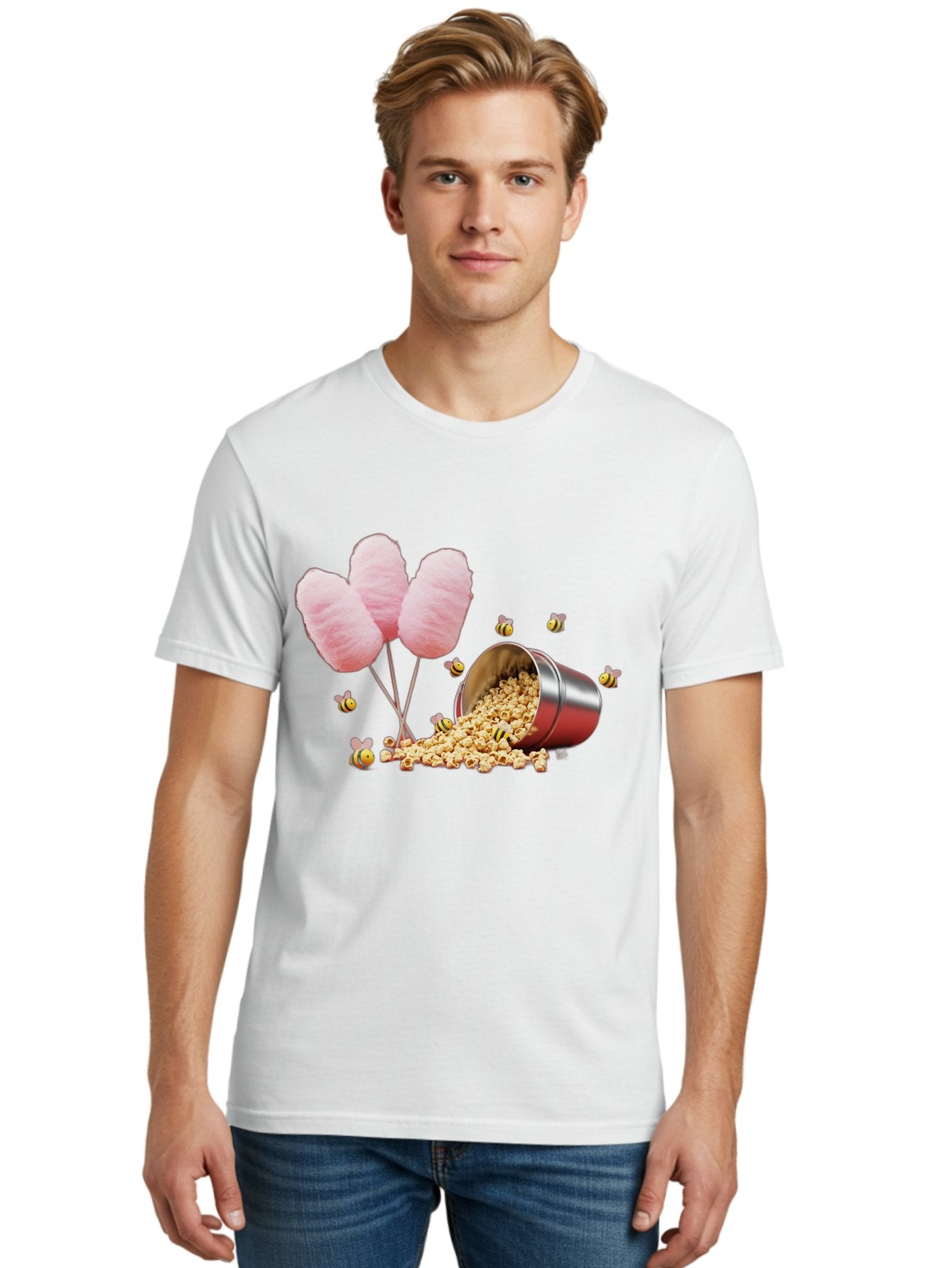 Cotton-Candy-And-Popcorn Men'S Graphic Tee, 100% Cotton, Comfortable Casual Summer Wear, Machine Washable, Cotton Candy, Popcorn, Bees, Sweet Treats, Party Snacks, Carnival Food, Delicious Desserts, Yellow And Black Bees, Fluffy Cotton Candy Bac919 21