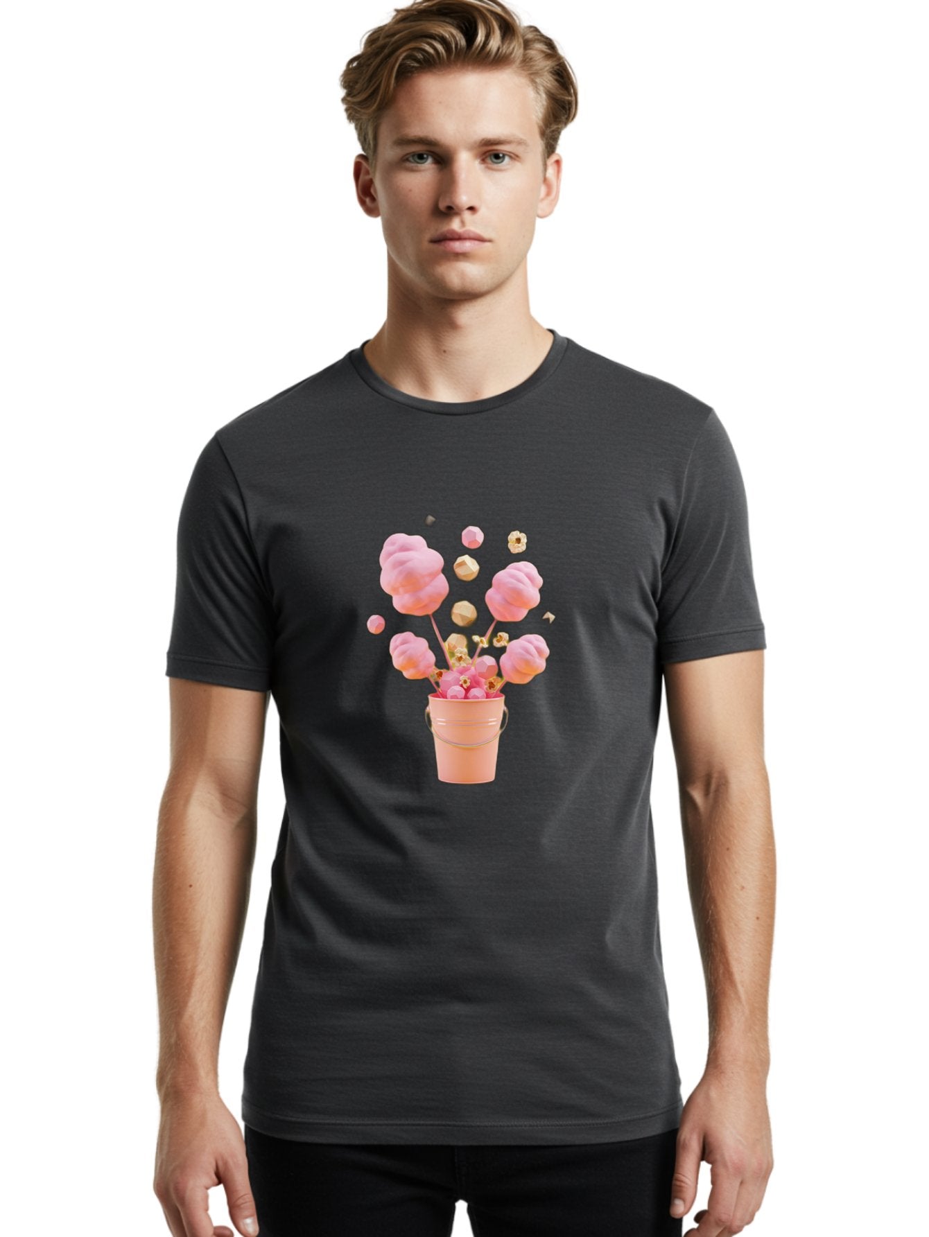 Cotton-Candy-Bucket Men'S Graphic Tee, 100% Cotton, Comfortable Casual Summer Wear, Machine Washable, Pink Cotton Candy, Candy In Bucket, Sweet Treats, Fluffy Candy, Cotton Candy, Sweet Pink, Candy Bucket, Colorful Candy, Whimsical Dessert Bac920 19