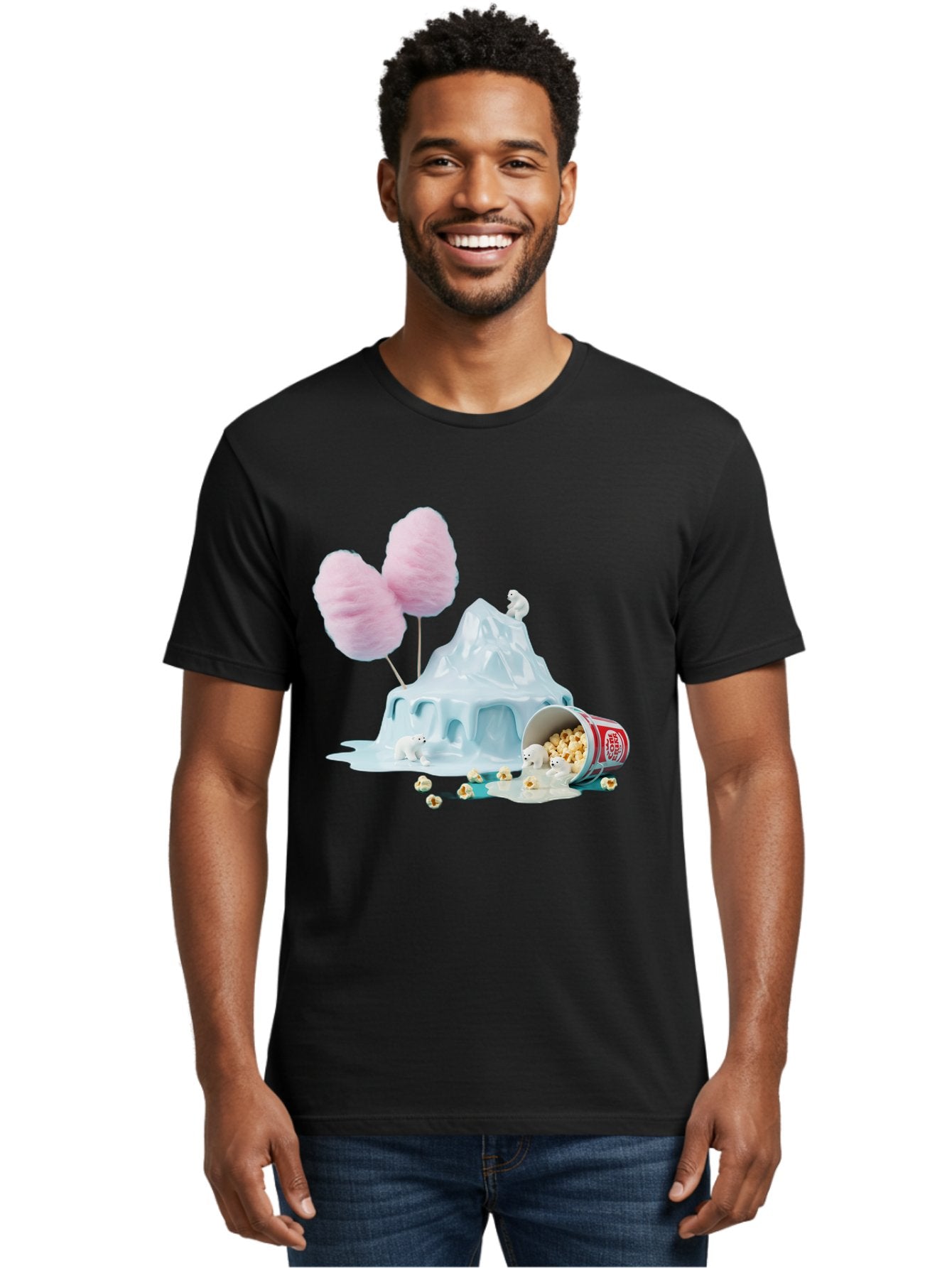 Cotton-Candy-Iceberg Men'S Graphic Tee, 100% Cotton, Comfortable Casual Summer Wear, Machine Washable, Melting Ice, Polar Bears, Popcorn, Cotton Candy, Climate Change, Global Warming, Surreal Scene, Melting Glacier, White Bears Bac921 30