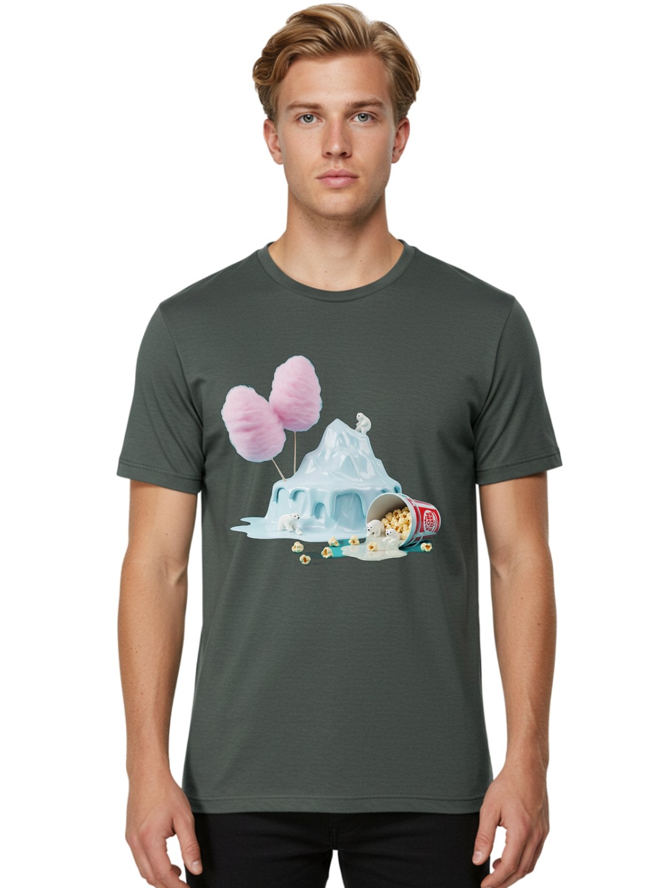 Cotton-Candy-Iceberg Men'S Graphic Tee, 100% Cotton, Comfortable Casual Summer Wear, Machine Washable, Melting Ice, Polar Bears, Popcorn, Cotton Candy, Climate Change, Global Warming, Surreal Scene, Melting Glacier, White Bears Bac921 18