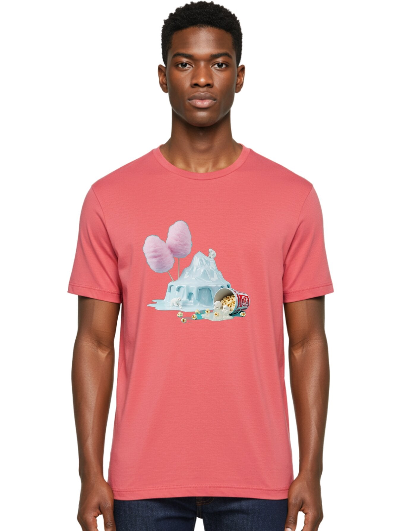 Cotton-Candy-Iceberg Men'S Graphic Tee, 100% Cotton, Comfortable Casual Summer Wear, Machine Washable, Melting Ice, Polar Bears, Popcorn, Cotton Candy, Climate Change, Global Warming, Surreal Scene, Melting Glacier, White Bears Bac921 20