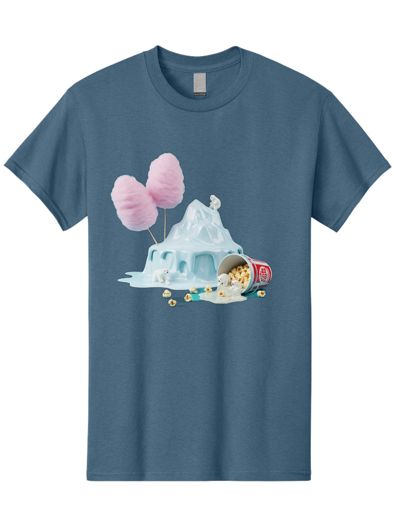 Cotton-Candy-Iceberg Men'S Graphic Tee, 100% Cotton, Comfortable Casual Summer Wear, Machine Washable, Melting Ice, Polar Bears, Popcorn, Cotton Candy, Climate Change, Global Warming, Surreal Scene, Melting Glacier, White Bears Bac921
