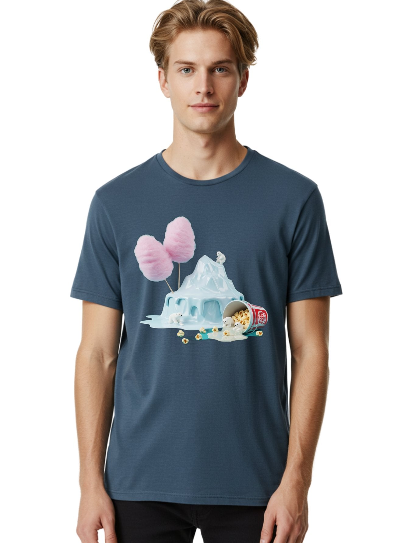 Cotton-Candy-Iceberg Men'S Graphic Tee, 100% Cotton, Comfortable Casual Summer Wear, Machine Washable, Melting Ice, Polar Bears, Popcorn, Cotton Candy, Climate Change, Global Warming, Surreal Scene, Melting Glacier, White Bears Bac921 19