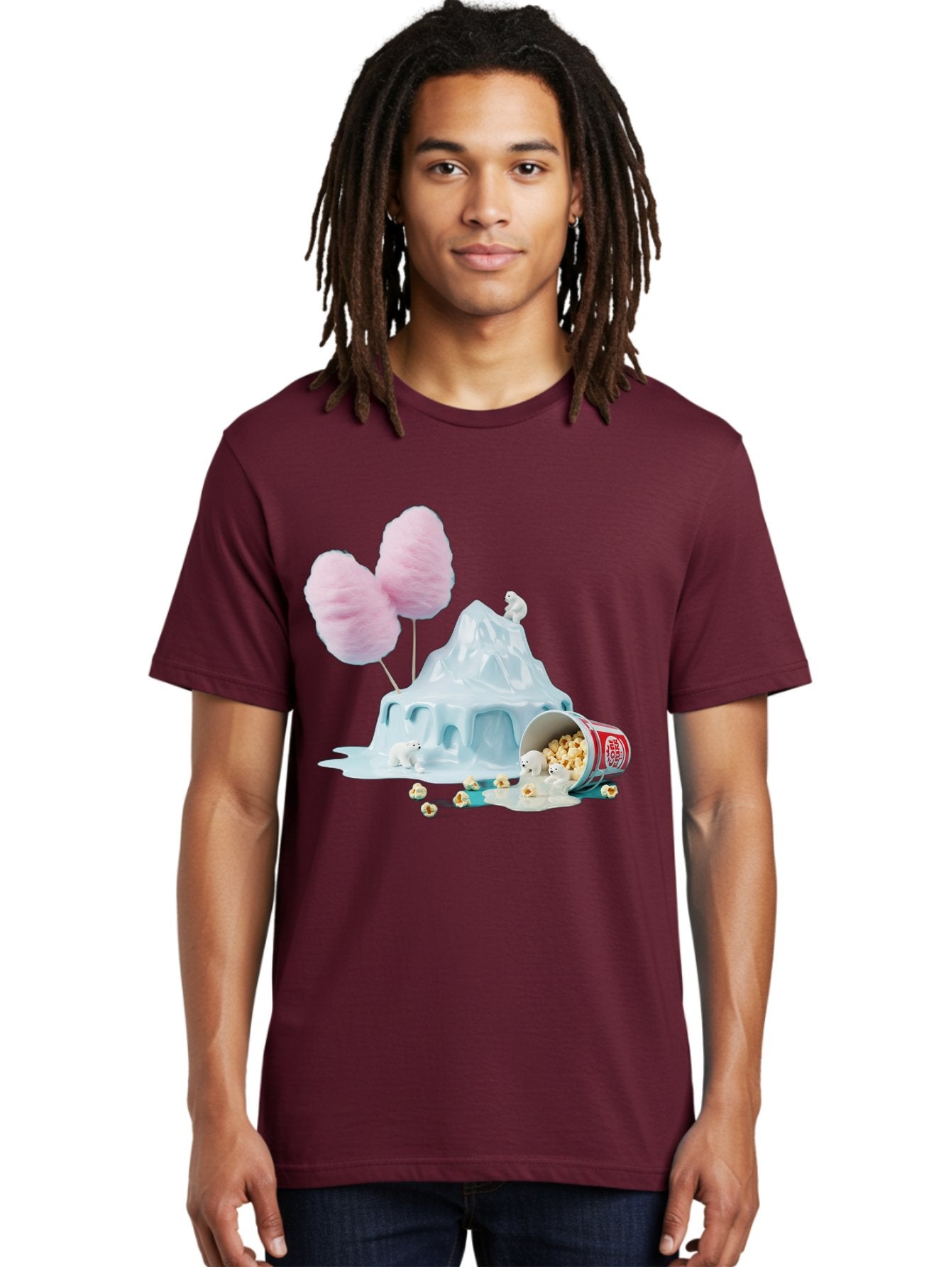 Cotton-Candy-Iceberg Men'S Graphic Tee, 100% Cotton, Comfortable Casual Summer Wear, Machine Washable, Melting Ice, Polar Bears, Popcorn, Cotton Candy, Climate Change, Global Warming, Surreal Scene, Melting Glacier, White Bears Bac921 25