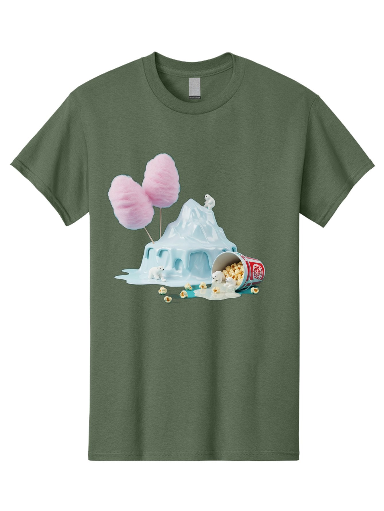 Cotton-Candy-Iceberg Men'S Graphic Tee, 100% Cotton, Comfortable Casual Summer Wear, Machine Washable, Melting Ice, Polar Bears, Popcorn, Cotton Candy, Climate Change, Global Warming, Surreal Scene, Melting Glacier, White Bears Bac921 12