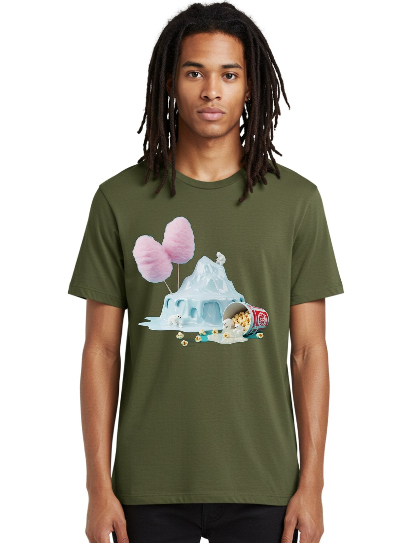 Cotton-Candy-Iceberg Men'S Graphic Tee, 100% Cotton, Comfortable Casual Summer Wear, Machine Washable, Melting Ice, Polar Bears, Popcorn, Cotton Candy, Climate Change, Global Warming, Surreal Scene, Melting Glacier, White Bears Bac921 28