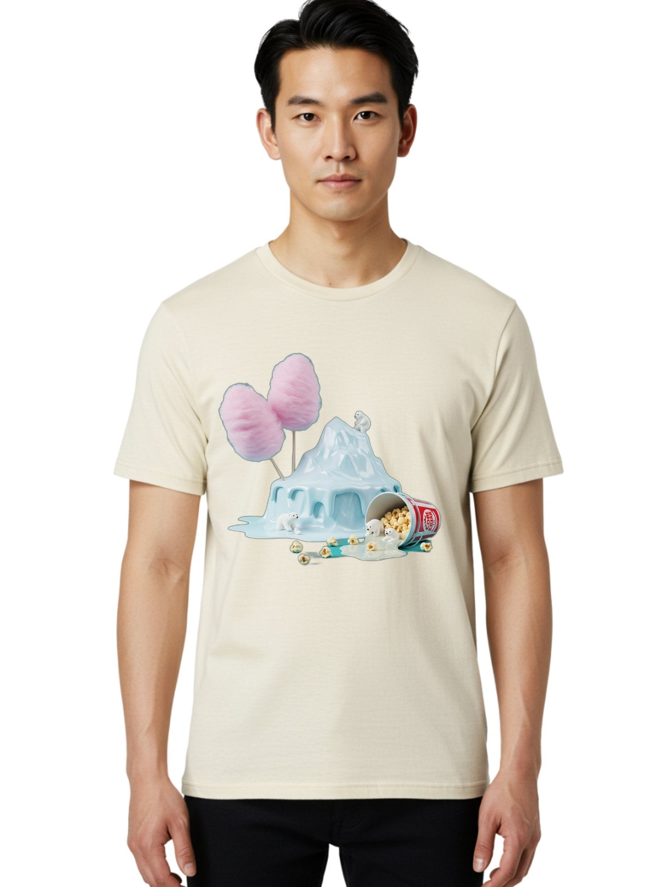 Cotton-Candy-Iceberg Men'S Graphic Tee, 100% Cotton, Comfortable Casual Summer Wear, Machine Washable, Melting Ice, Polar Bears, Popcorn, Cotton Candy, Climate Change, Global Warming, Surreal Scene, Melting Glacier, White Bears Bac921 23