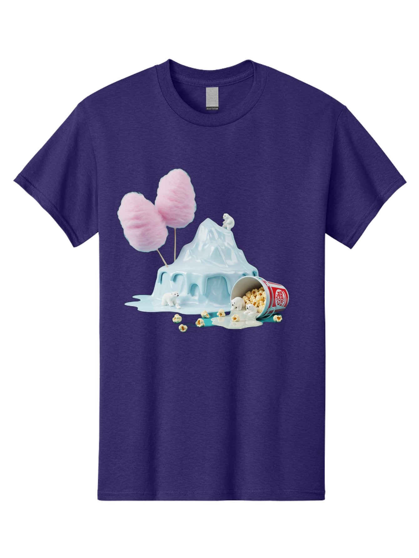 Cotton-Candy-Iceberg Men'S Graphic Tee, 100% Cotton, Comfortable Casual Summer Wear, Machine Washable, Melting Ice, Polar Bears, Popcorn, Cotton Candy, Climate Change, Global Warming, Surreal Scene, Melting Glacier, White Bears Bac921 14