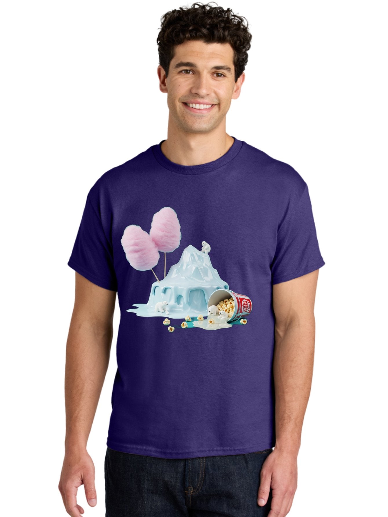 Cotton-Candy-Iceberg Men'S Graphic Tee, 100% Cotton, Comfortable Casual Summer Wear, Machine Washable, Melting Ice, Polar Bears, Popcorn, Cotton Candy, Climate Change, Global Warming, Surreal Scene, Melting Glacier, White Bears Bac921 29