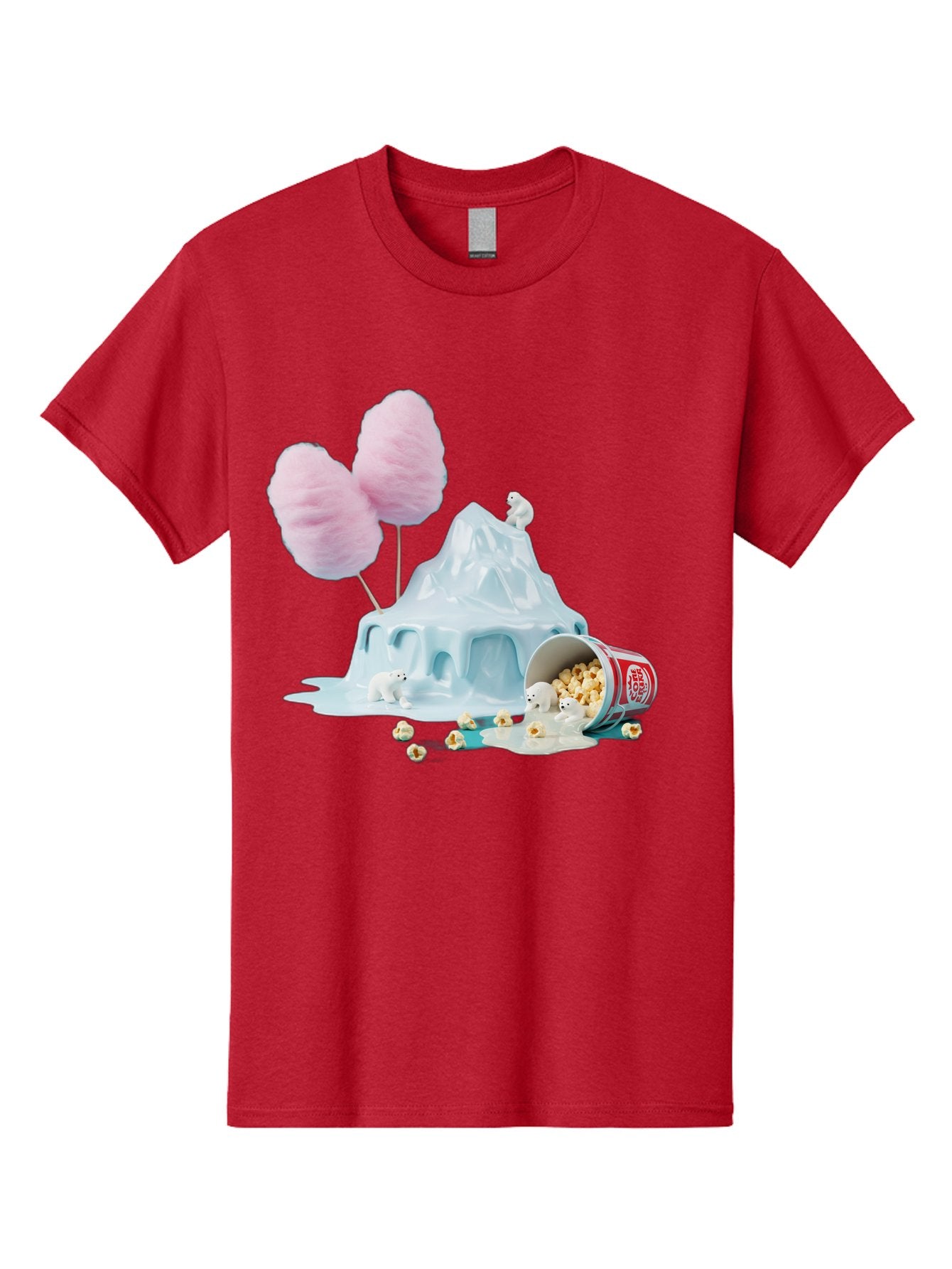 Cotton-Candy-Iceberg Men'S Graphic Tee, 100% Cotton, Comfortable Casual Summer Wear, Machine Washable, Melting Ice, Polar Bears, Popcorn, Cotton Candy, Climate Change, Global Warming, Surreal Scene, Melting Glacier, White Bears Bac921