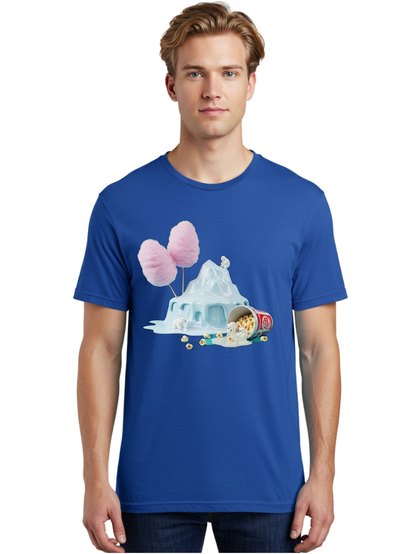 Cotton-Candy-Iceberg Men'S Graphic Tee, 100% Cotton, Comfortable Casual Summer Wear, Machine Washable, Melting Ice, Polar Bears, Popcorn, Cotton Candy, Climate Change, Global Warming, Surreal Scene, Melting Glacier, White Bears Bac921 27