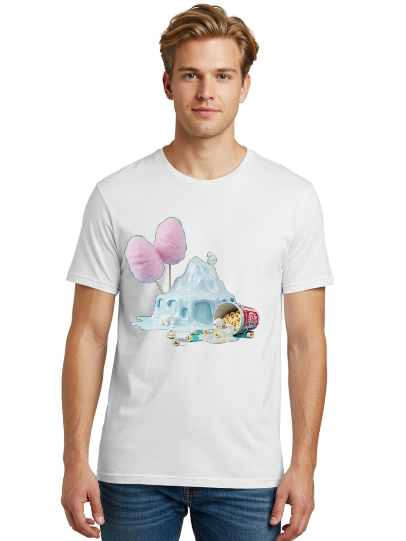 Cotton-Candy-Iceberg Men'S Graphic Tee, 100% Cotton, Comfortable Casual Summer Wear, Machine Washable, Melting Ice, Polar Bears, Popcorn, Cotton Candy, Climate Change, Global Warming, Surreal Scene, Melting Glacier, White Bears Bac921 22