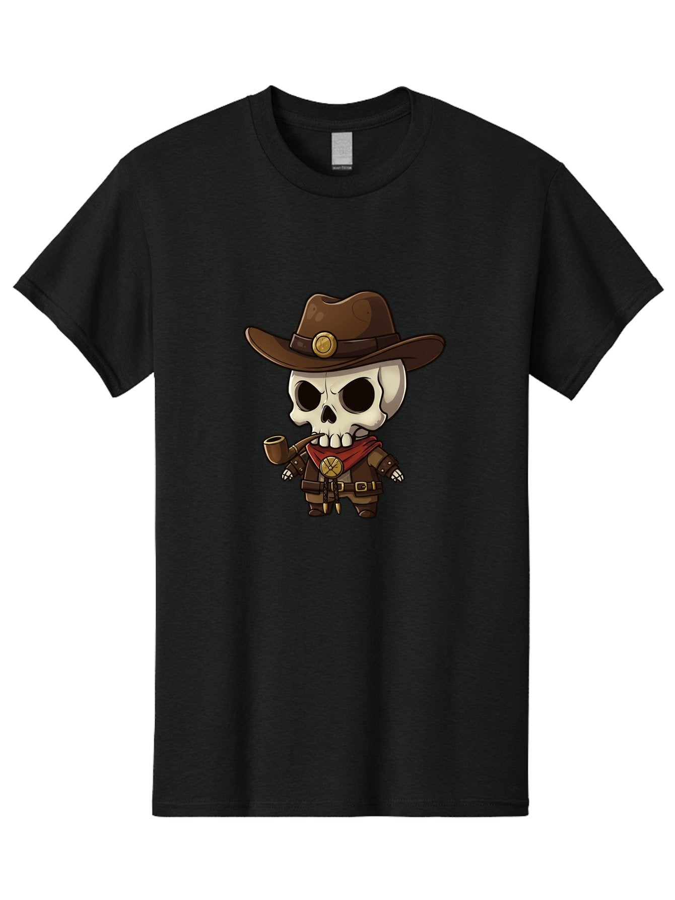 Cowboy-Skeleton Men'S Graphic Tee, 100% Cotton, Comfortable Casual Summer Wear, Machine Washable, Cartoon Skeleton, Cowboy Hat, Smoking Pipe, Western Attire, Red Bandana, Gold Accents, Brown Leather, Spooky Character, Western Theme, Bac924 6