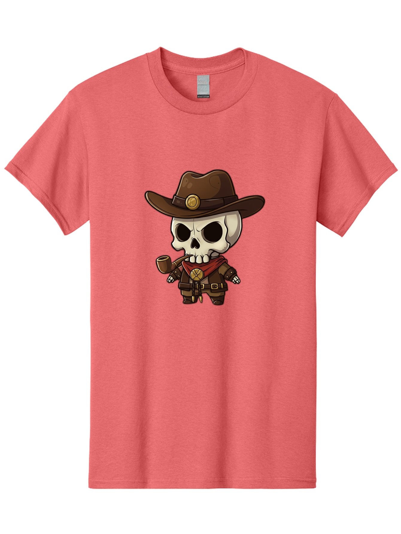 Cowboy-Skeleton Men'S Graphic Tee, 100% Cotton, Comfortable Casual Summer Wear, Machine Washable, Cartoon Skeleton, Cowboy Hat, Smoking Pipe, Western Attire, Red Bandana, Gold Accents, Brown Leather, Spooky Character, Western Theme, Bac924 7