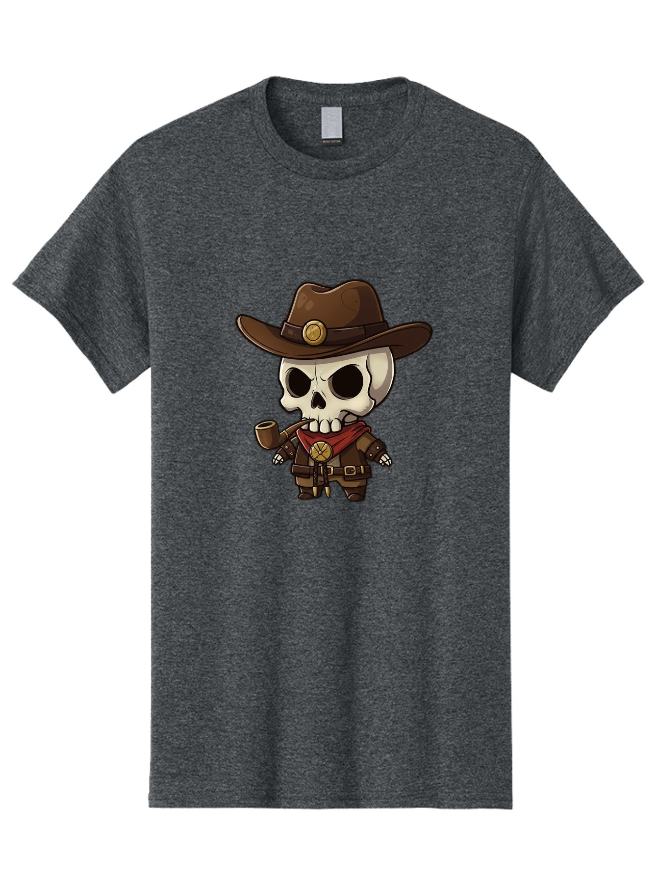 Cowboy-Skeleton Men'S Graphic Tee, 100% Cotton, Comfortable Casual Summer Wear, Machine Washable, Cartoon Skeleton, Cowboy Hat, Smoking Pipe, Western Attire, Red Bandana, Gold Accents, Brown Leather, Spooky Character, Western Theme, Bac924 14