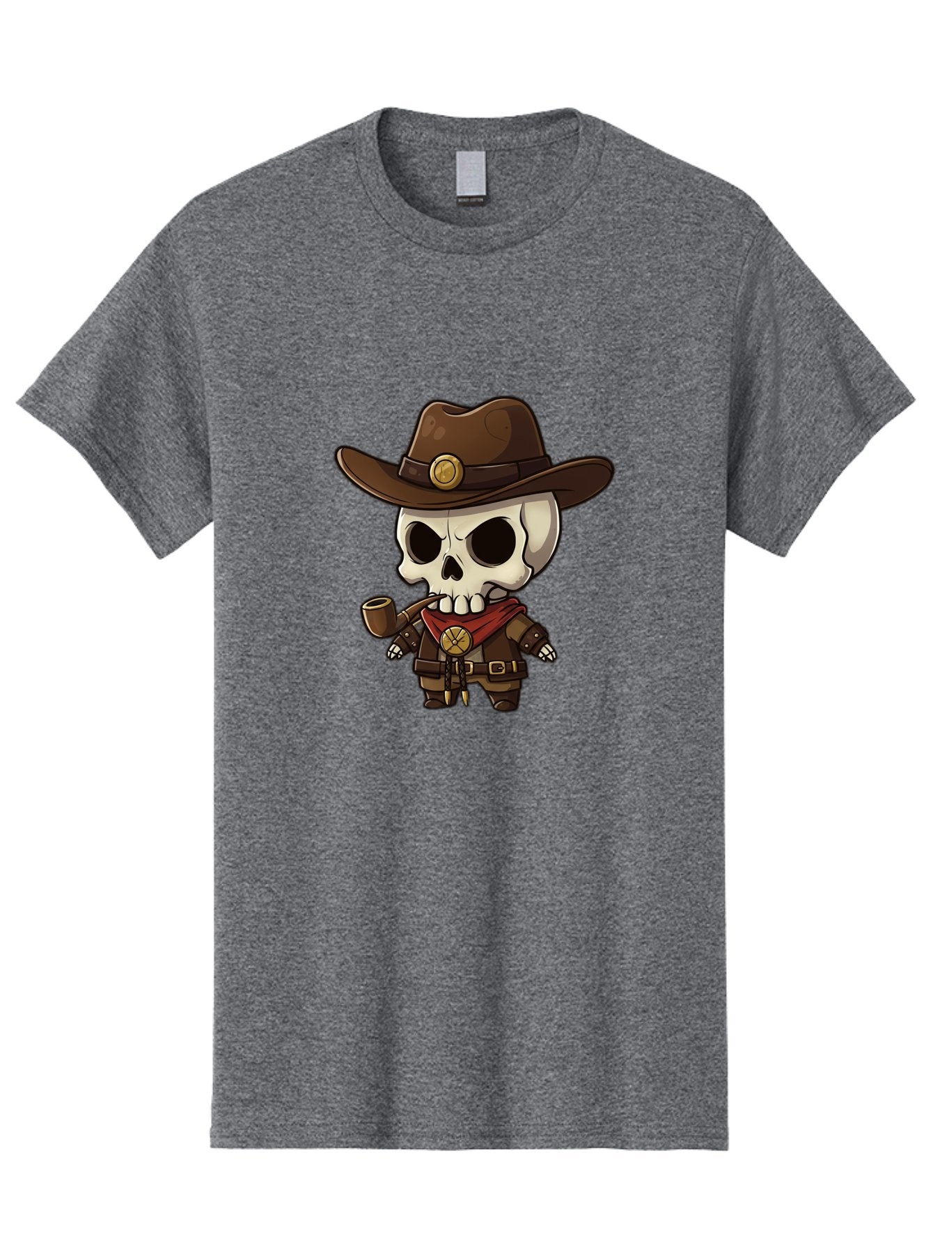Cowboy-Skeleton Men'S Graphic Tee, 100% Cotton, Comfortable Casual Summer Wear, Machine Washable, Cartoon Skeleton, Cowboy Hat, Smoking Pipe, Western Attire, Red Bandana, Gold Accents, Brown Leather, Spooky Character, Western Theme, Bac924 11