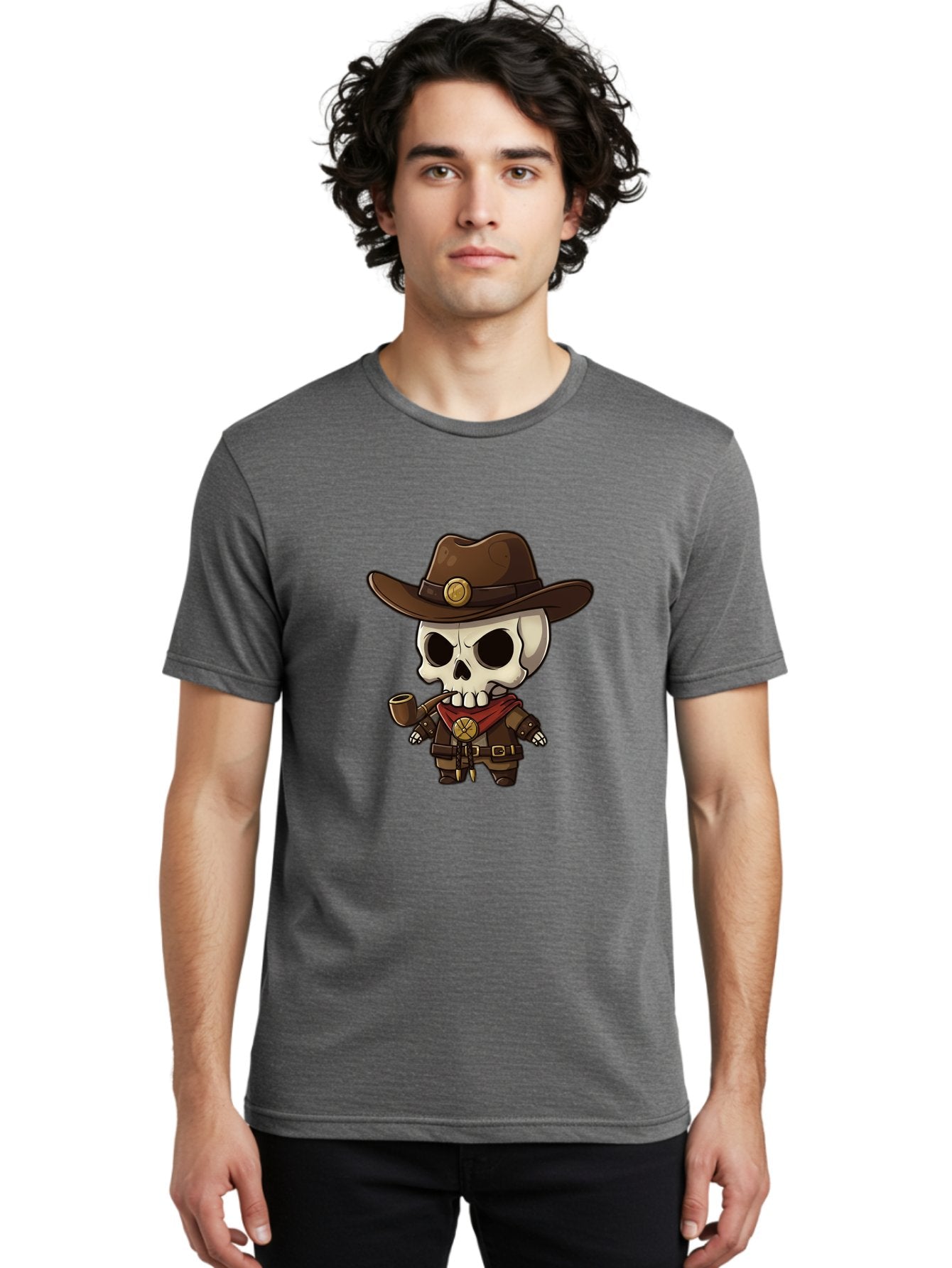 Cowboy-Skeleton Men'S Graphic Tee, 100% Cotton, Comfortable Casual Summer Wear, Machine Washable, Cartoon Skeleton, Cowboy Hat, Smoking Pipe, Western Attire, Red Bandana, Gold Accents, Brown Leather, Spooky Character, Western Theme, Bac924 27