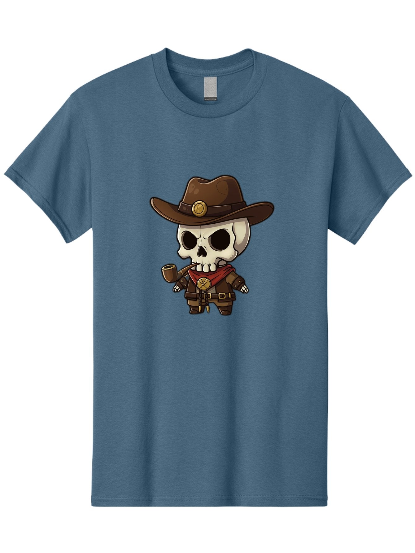 Cowboy-Skeleton Men'S Graphic Tee, 100% Cotton, Comfortable Casual Summer Wear, Machine Washable, Cartoon Skeleton, Cowboy Hat, Smoking Pipe, Western Attire, Red Bandana, Gold Accents, Brown Leather, Spooky Character, Western Theme, Bac924 3