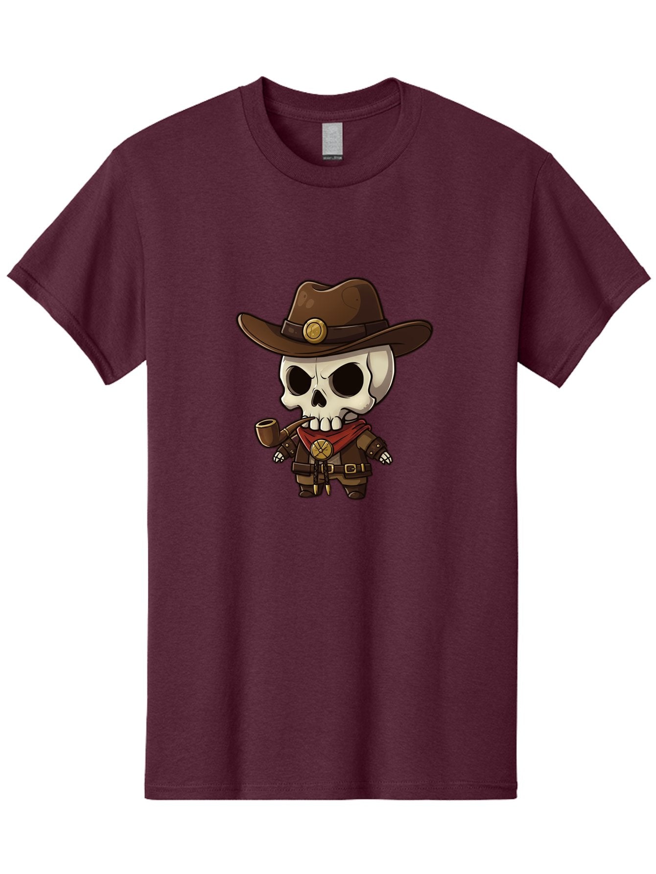 Cowboy-Skeleton Men'S Graphic Tee, 100% Cotton, Comfortable Casual Summer Wear, Machine Washable, Cartoon Skeleton, Cowboy Hat, Smoking Pipe, Western Attire, Red Bandana, Gold Accents, Brown Leather, Spooky Character, Western Theme, Bac924 12