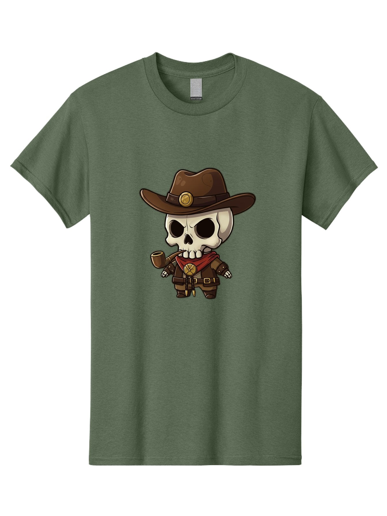 Cowboy-Skeleton Men'S Graphic Tee, 100% Cotton, Comfortable Casual Summer Wear, Machine Washable, Cartoon Skeleton, Cowboy Hat, Smoking Pipe, Western Attire, Red Bandana, Gold Accents, Brown Leather, Spooky Character, Western Theme, Bac924