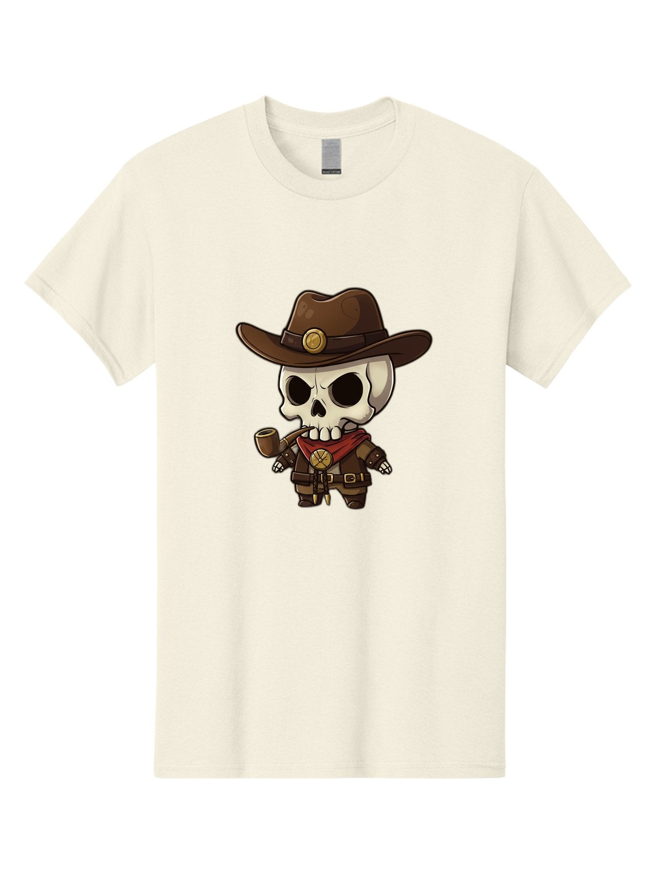 Cowboy-Skeleton Men'S Graphic Tee, 100% Cotton, Comfortable Casual Summer Wear, Machine Washable, Cartoon Skeleton, Cowboy Hat, Smoking Pipe, Western Attire, Red Bandana, Gold Accents, Brown Leather, Spooky Character, Western Theme, Bac924 8