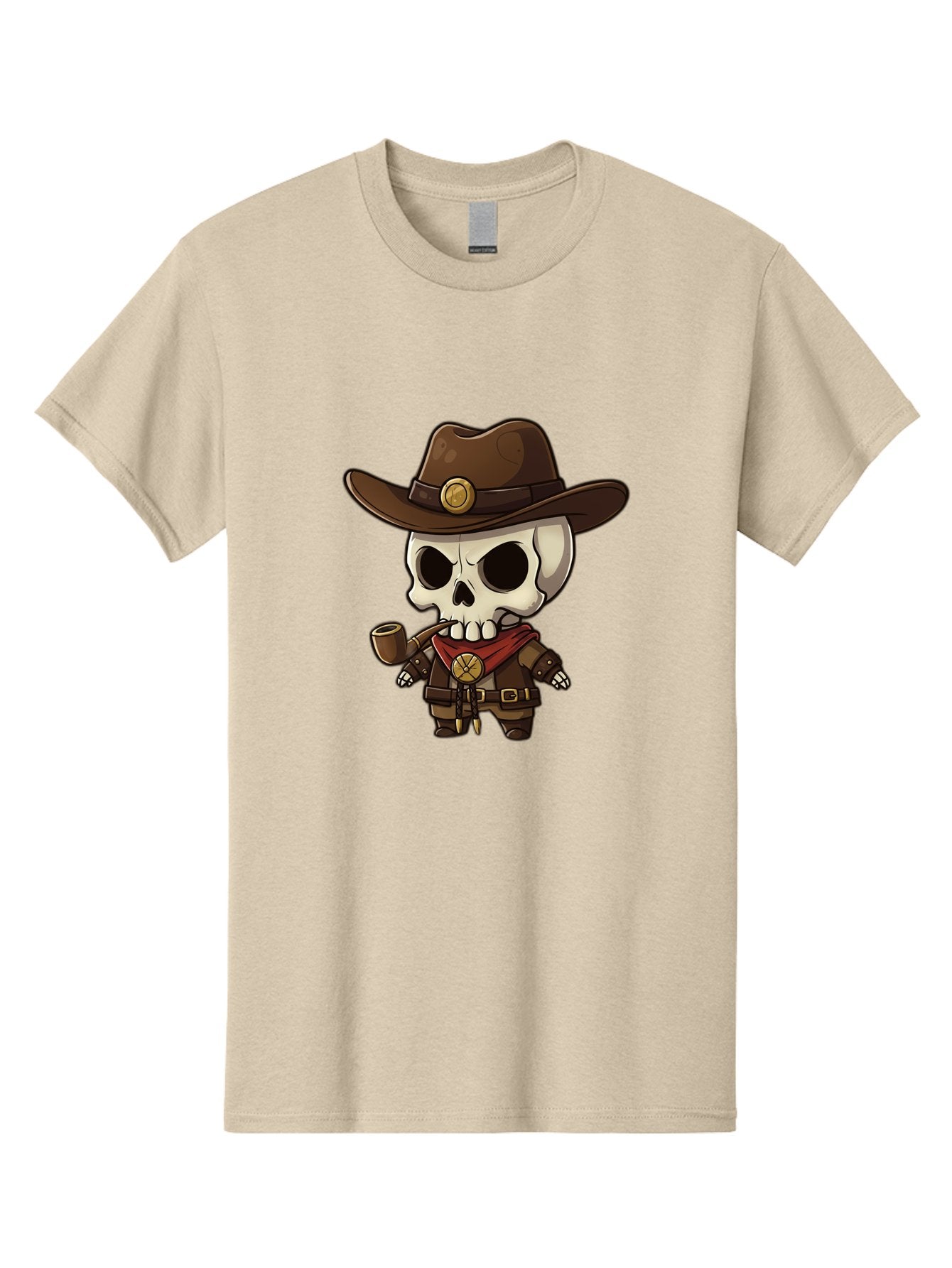 Cowboy-Skeleton Men'S Graphic Tee, 100% Cotton, Comfortable Casual Summer Wear, Machine Washable, Cartoon Skeleton, Cowboy Hat, Smoking Pipe, Western Attire, Red Bandana, Gold Accents, Brown Leather, Spooky Character, Western Theme, Bac924 13
